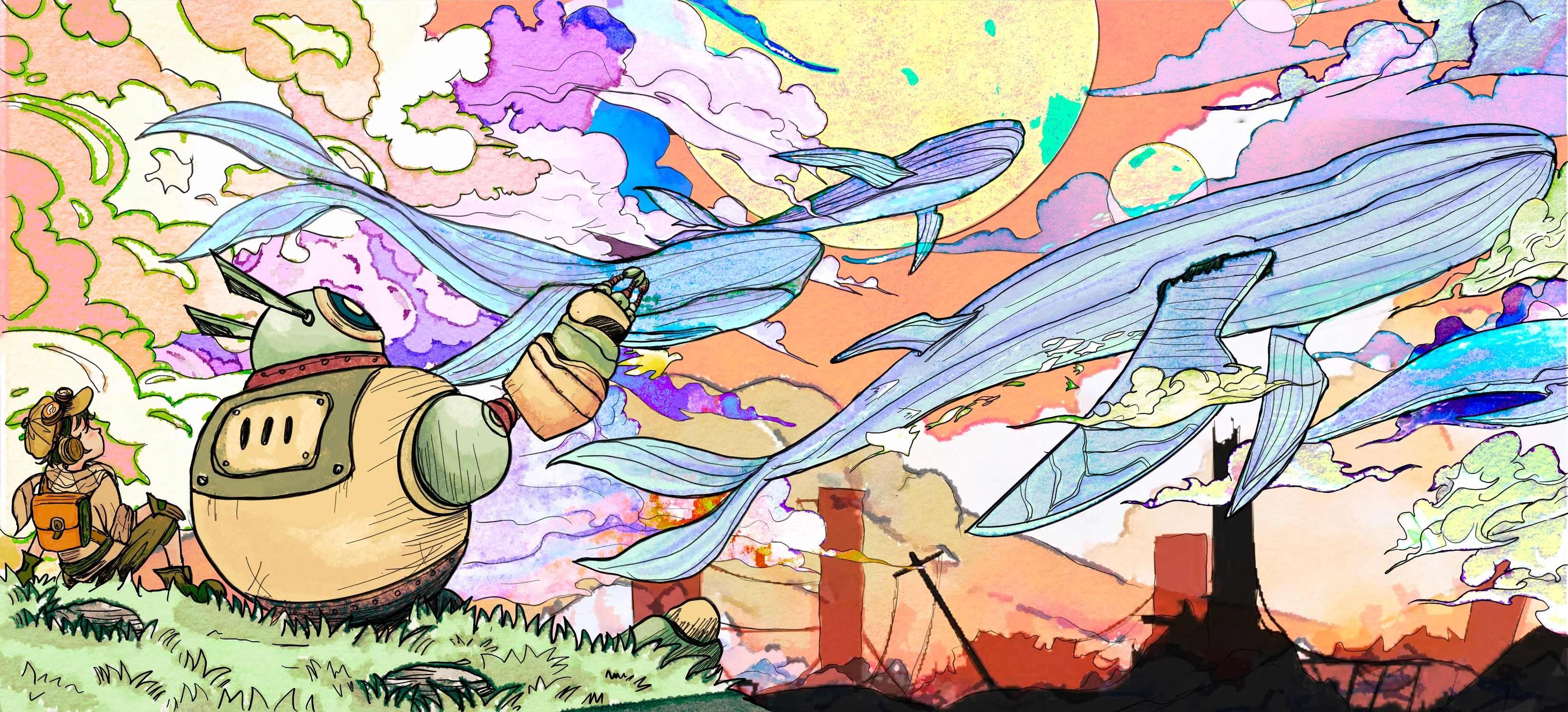 A boy and his robot friend look up at the sky, imagining it as an ocean with whales swimming through it.