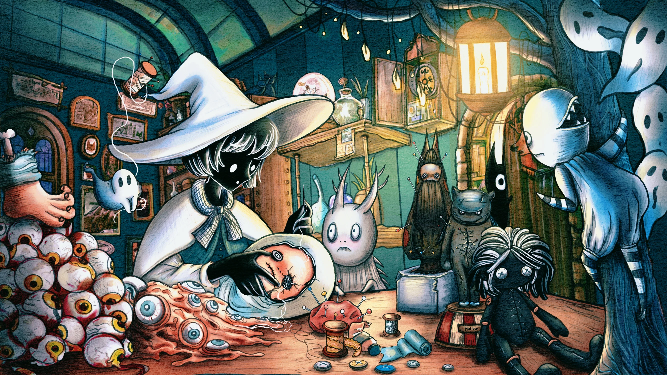 n her shadowy workshop, the witch stitches together her grotesque creations - each toy cobbled from pilfered limbs and organs.