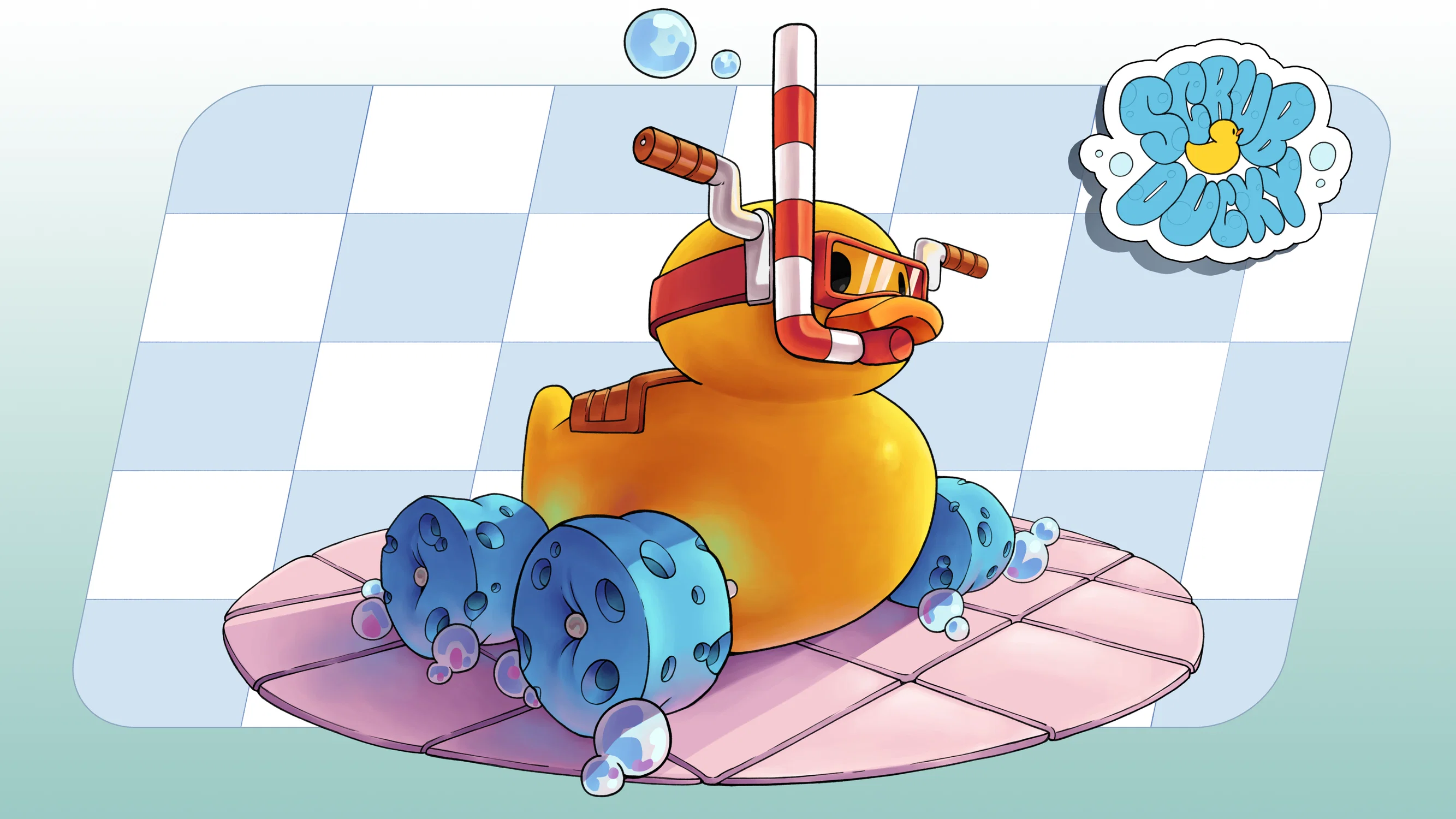 A rubber duck with wheels and goggles