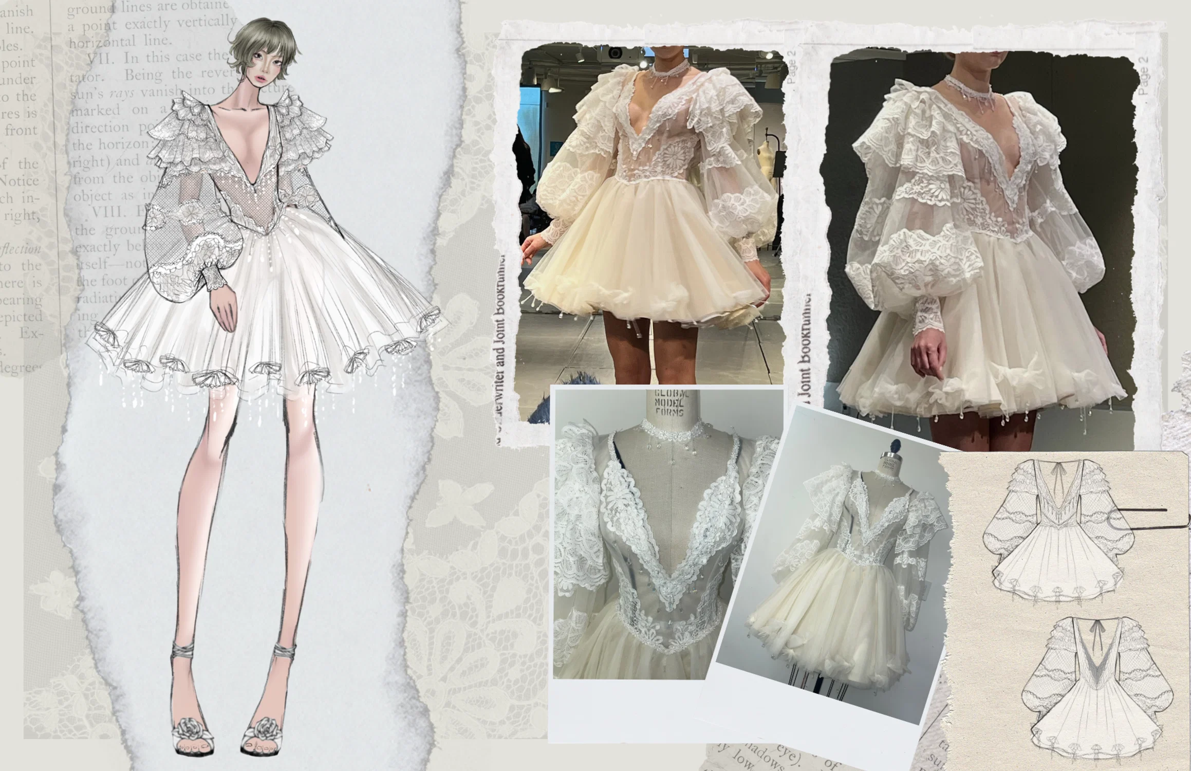 Illustration and close up behind the scene try-on of the dress that was made.