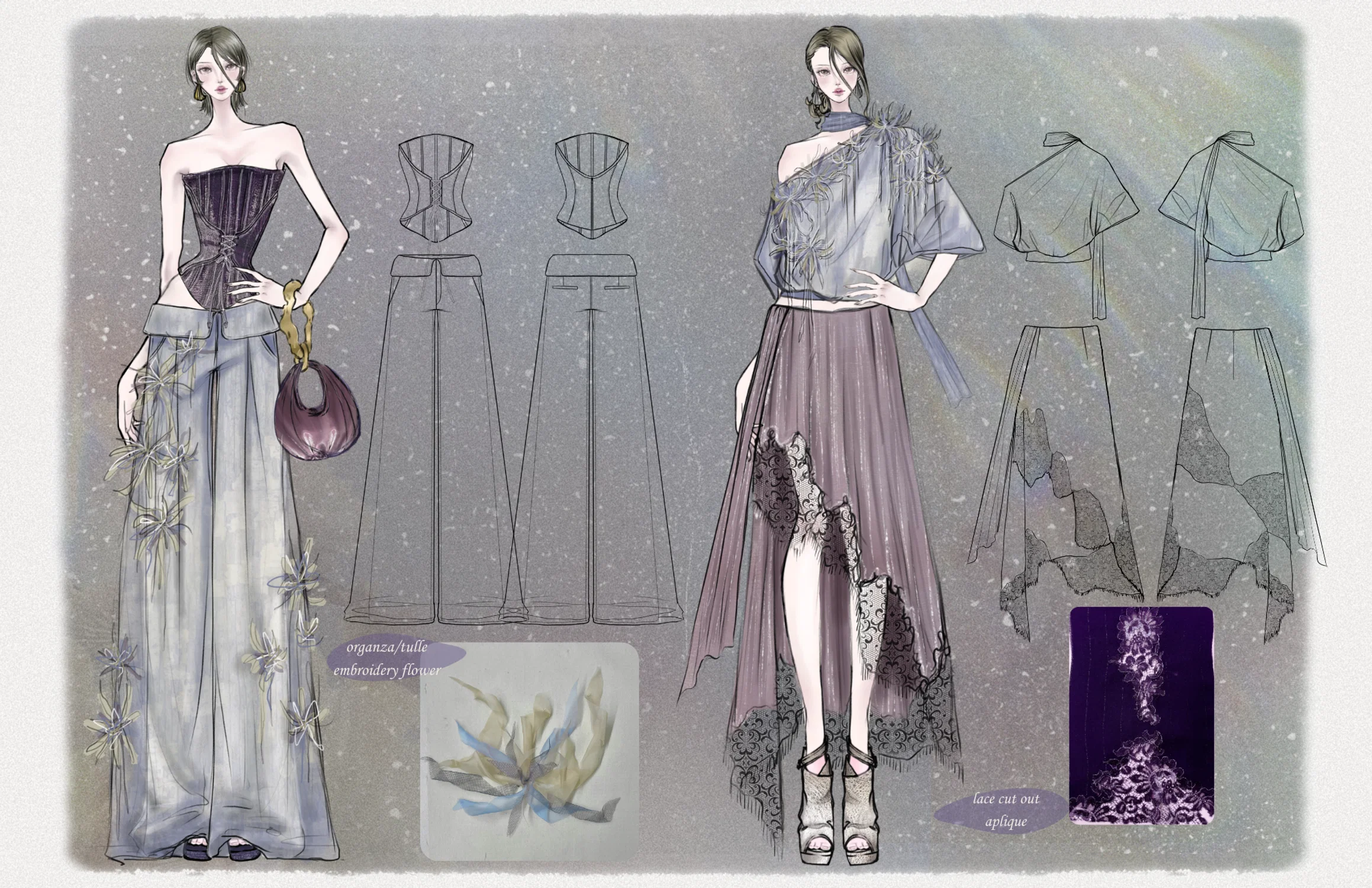 Two figure illustration and flats for a summer pastel collection