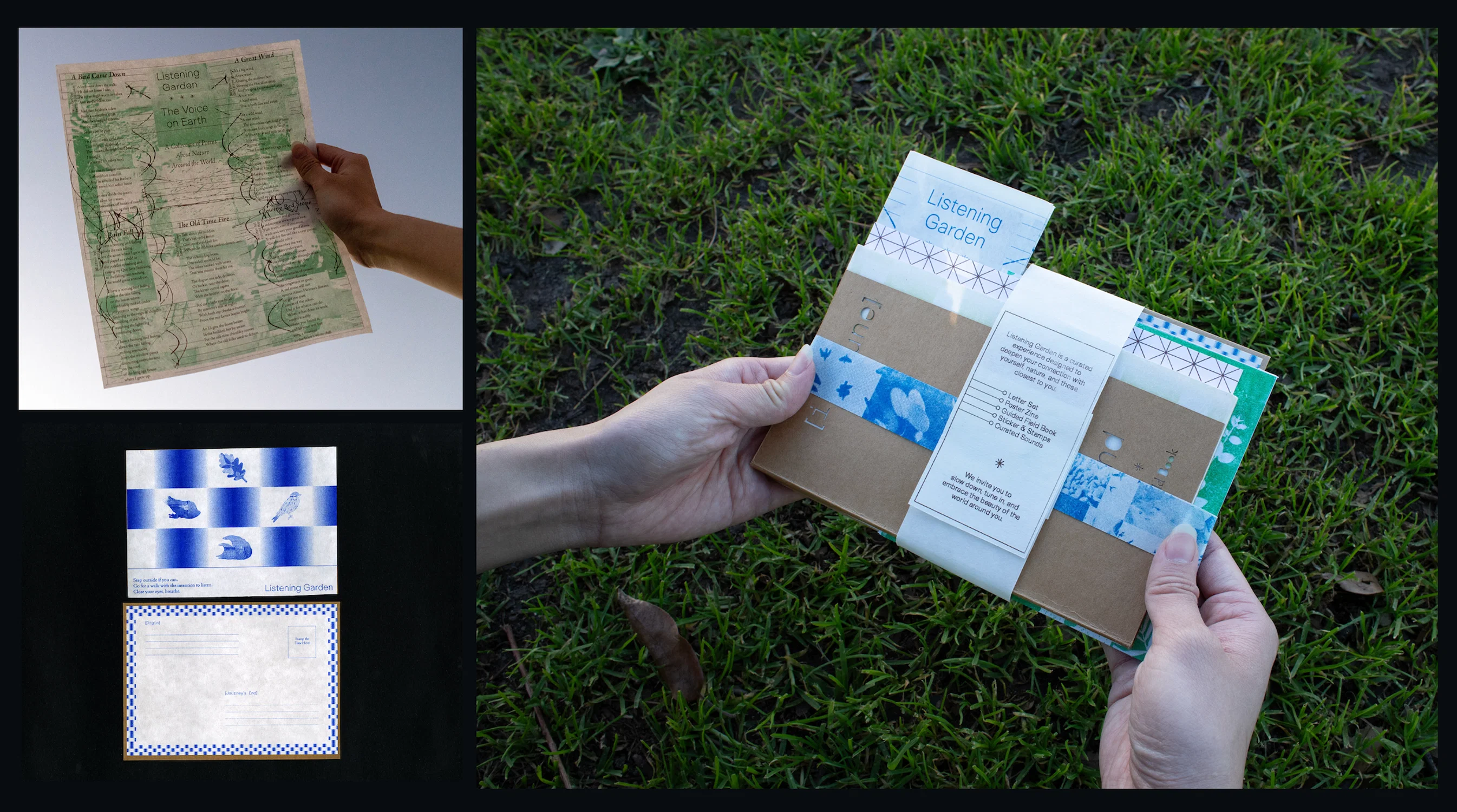 Listening Garden (2024) is an intimate sound + reflection experience split into two interactive parts: Attuning & Immersing. The experience is focused on being in tune with your mind, body, and sound. The kit includes a guided field book, a poster zine, two letter sets, sticker & stamps, and a curated soundscape disc.