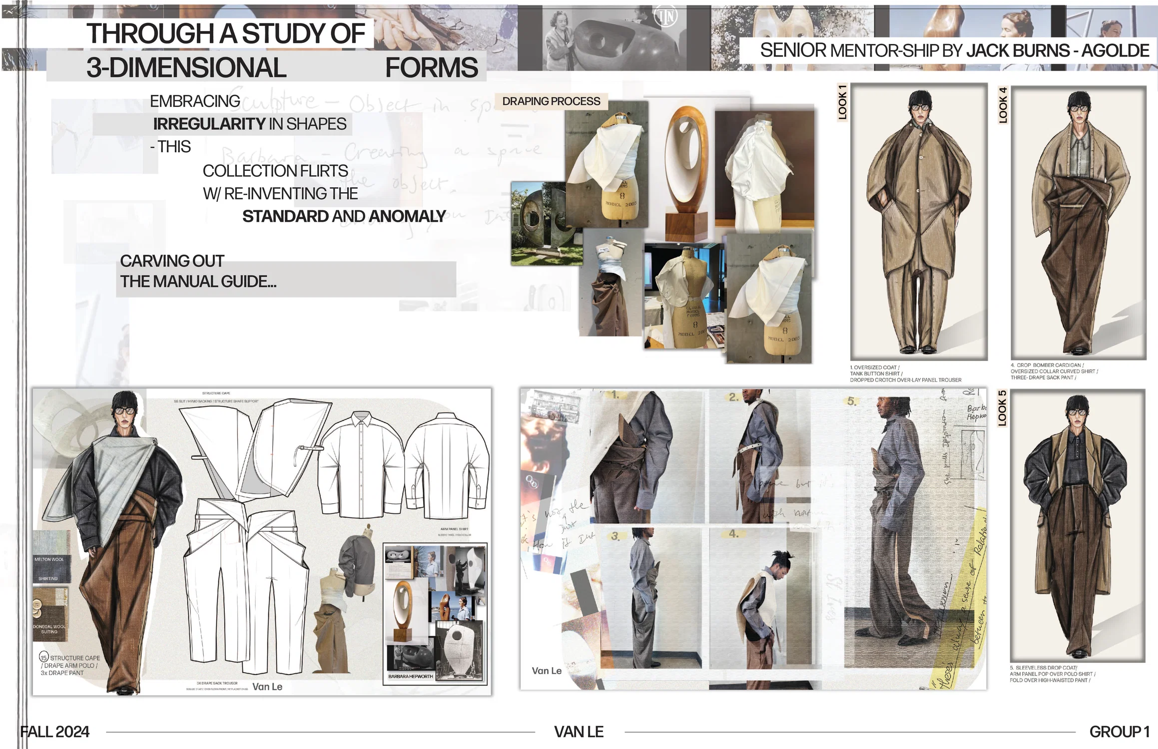 A collection exploring silhouettes through draping, blending unconventionality traditionalism.