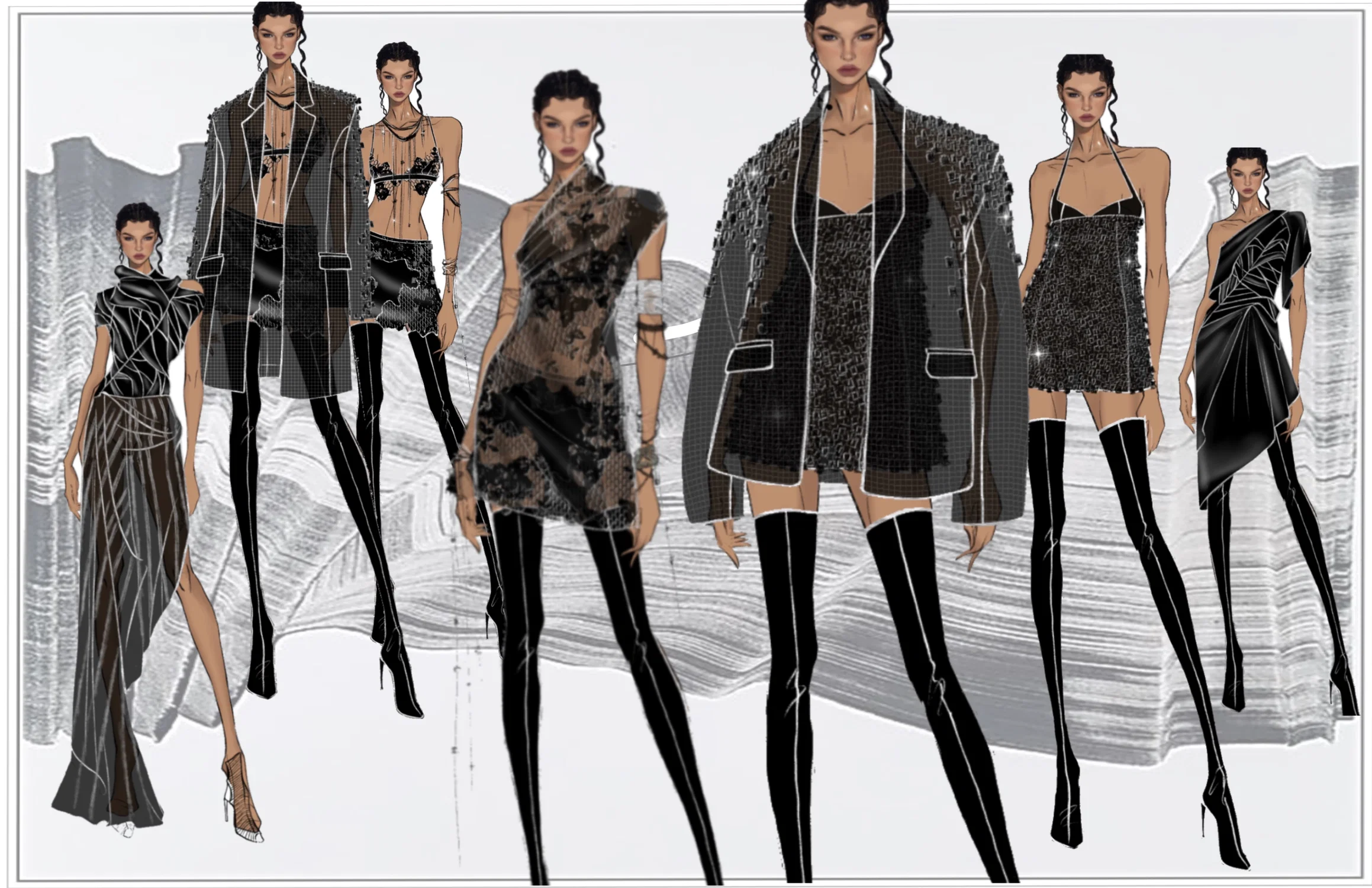 Theme Concept: "The Abyss of Black" delves into black as a symbol of depth and mystery. The design emphasizes the infinite possibilities of black, giving garments a profound aesthetic and philosophical depth. Through layering and multi-dimensional structures, black is portrayed as a mysterious entity that invites deeper exploration, blending depth with abstraction.