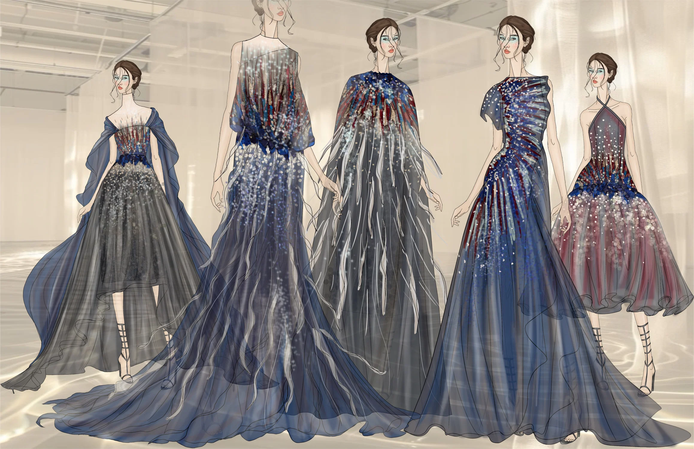 The collection highlights an intricately designed beading panel, used as a foundation to construct voluminous, ethereal gowns