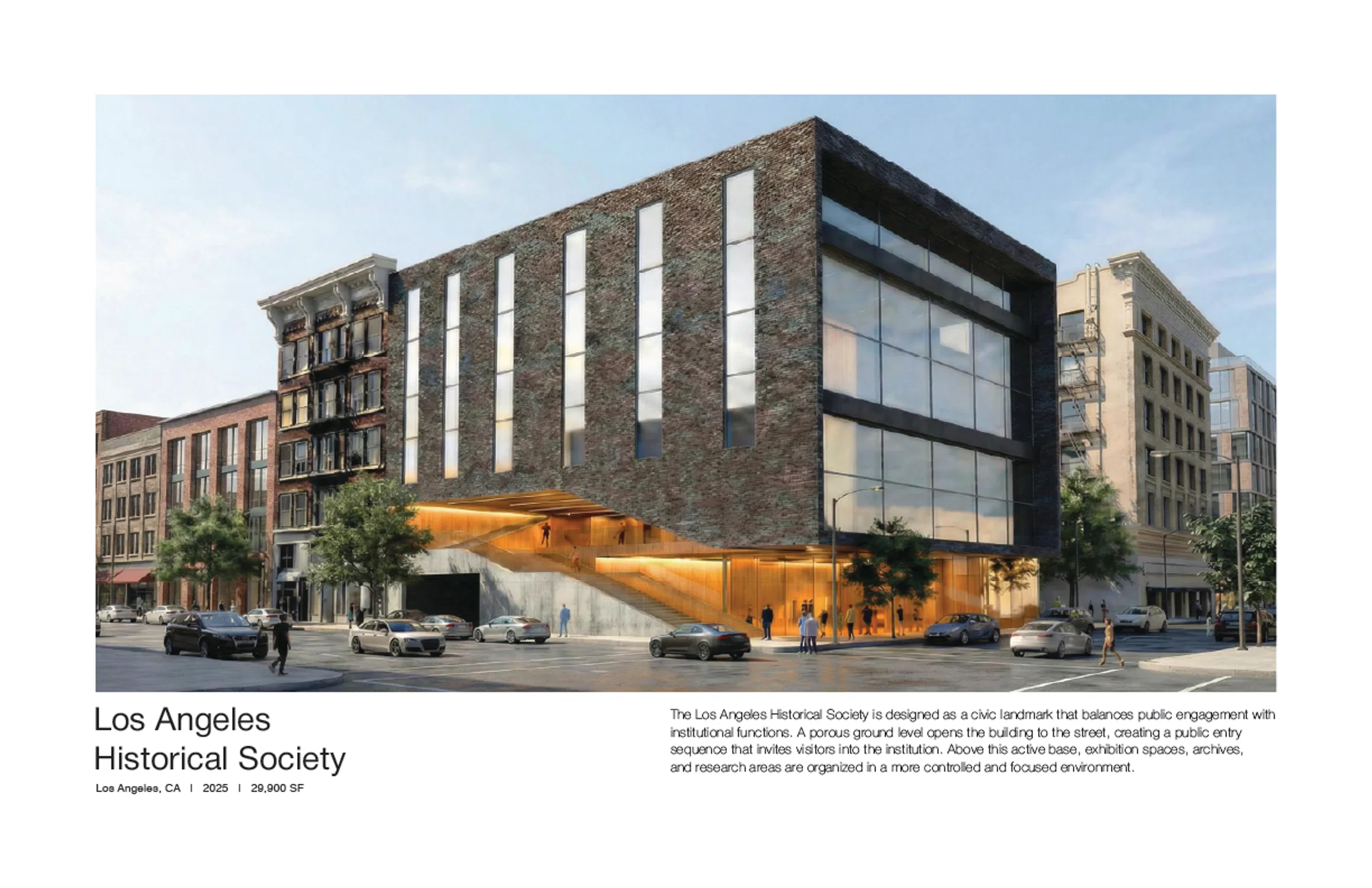 Architectural rendering of the Los Angeles Historical Society, a contemporary civic building with brick, steel, and glass façades on an urban street corner, featuring illuminated public spaces at ground level.