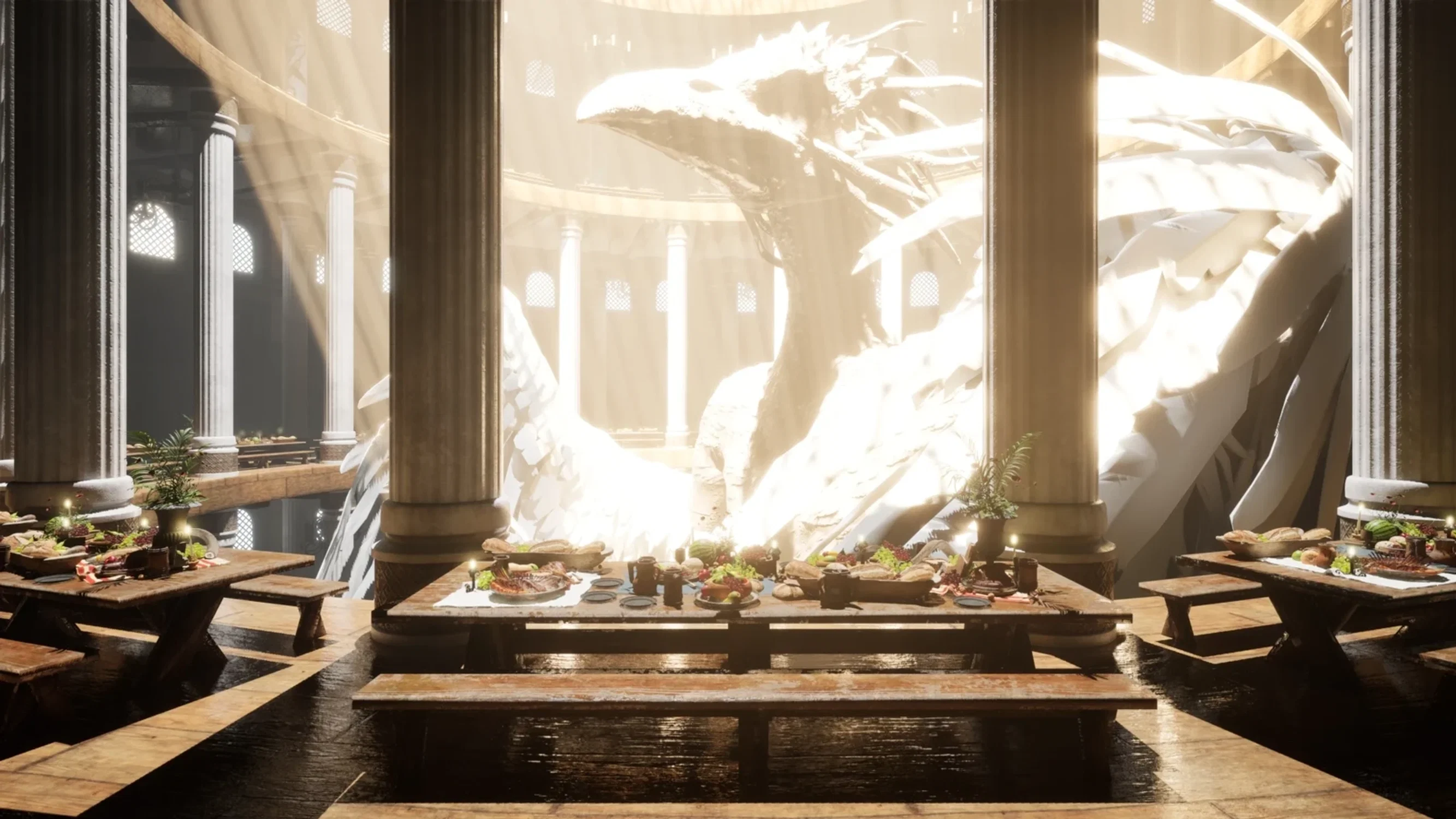 A dynamic 3D scene featuring a viking hall-like structure and a statue in the middle