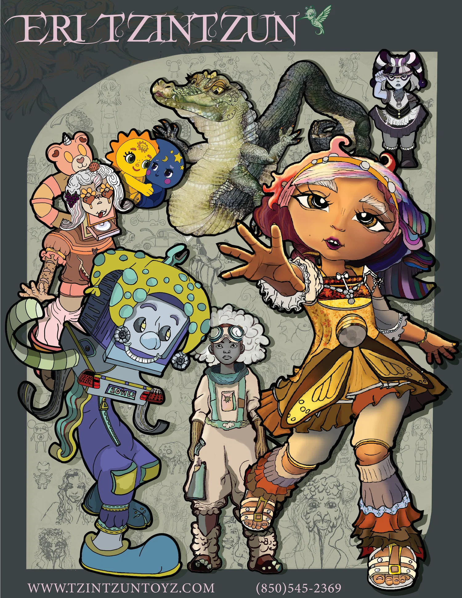 A promo sheet displaying a range of different characters that are whimsical, and apart of each others universe.