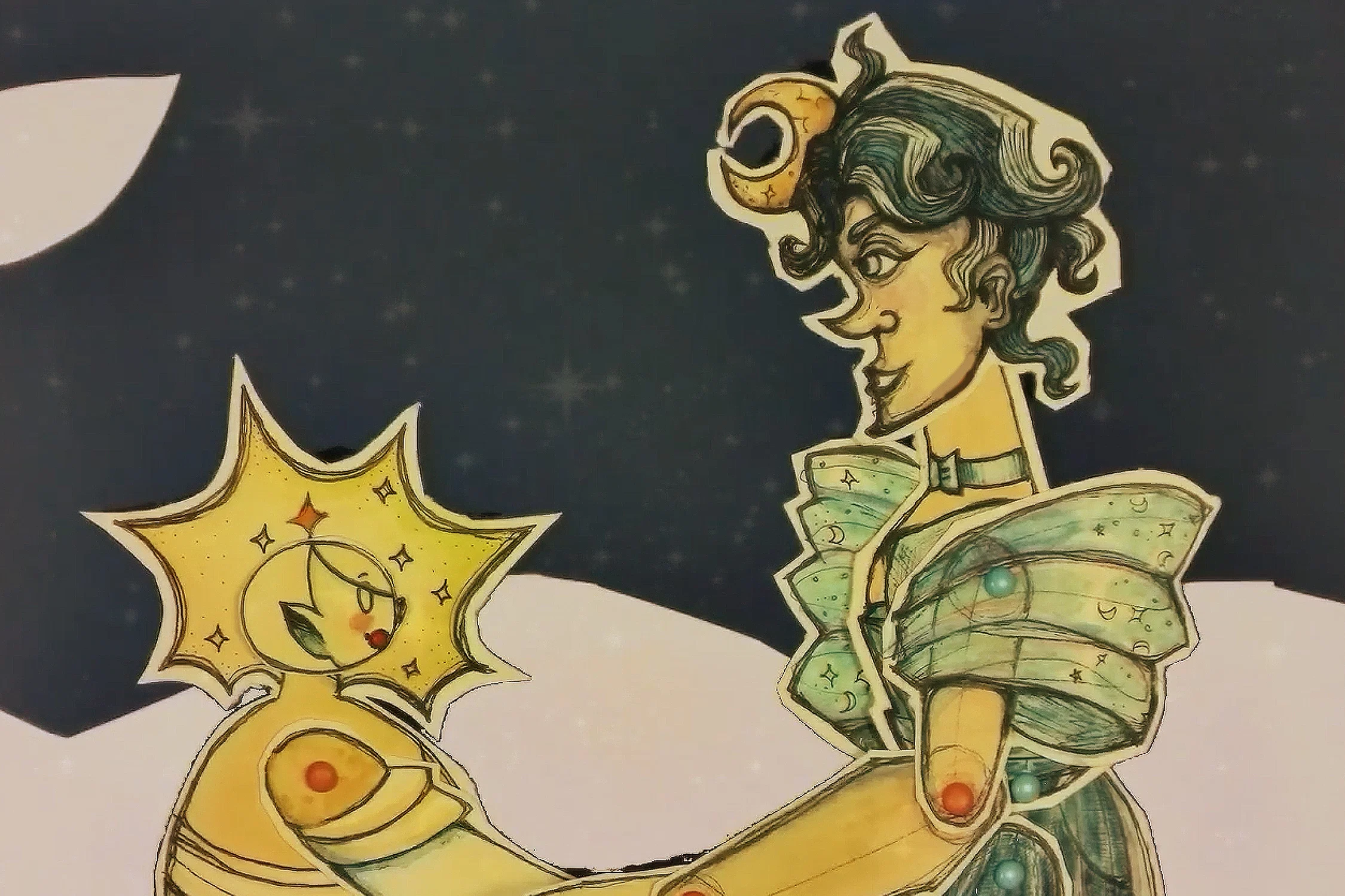 The moon themed character in blue helps up the star themed character, who is shocked by their appearance