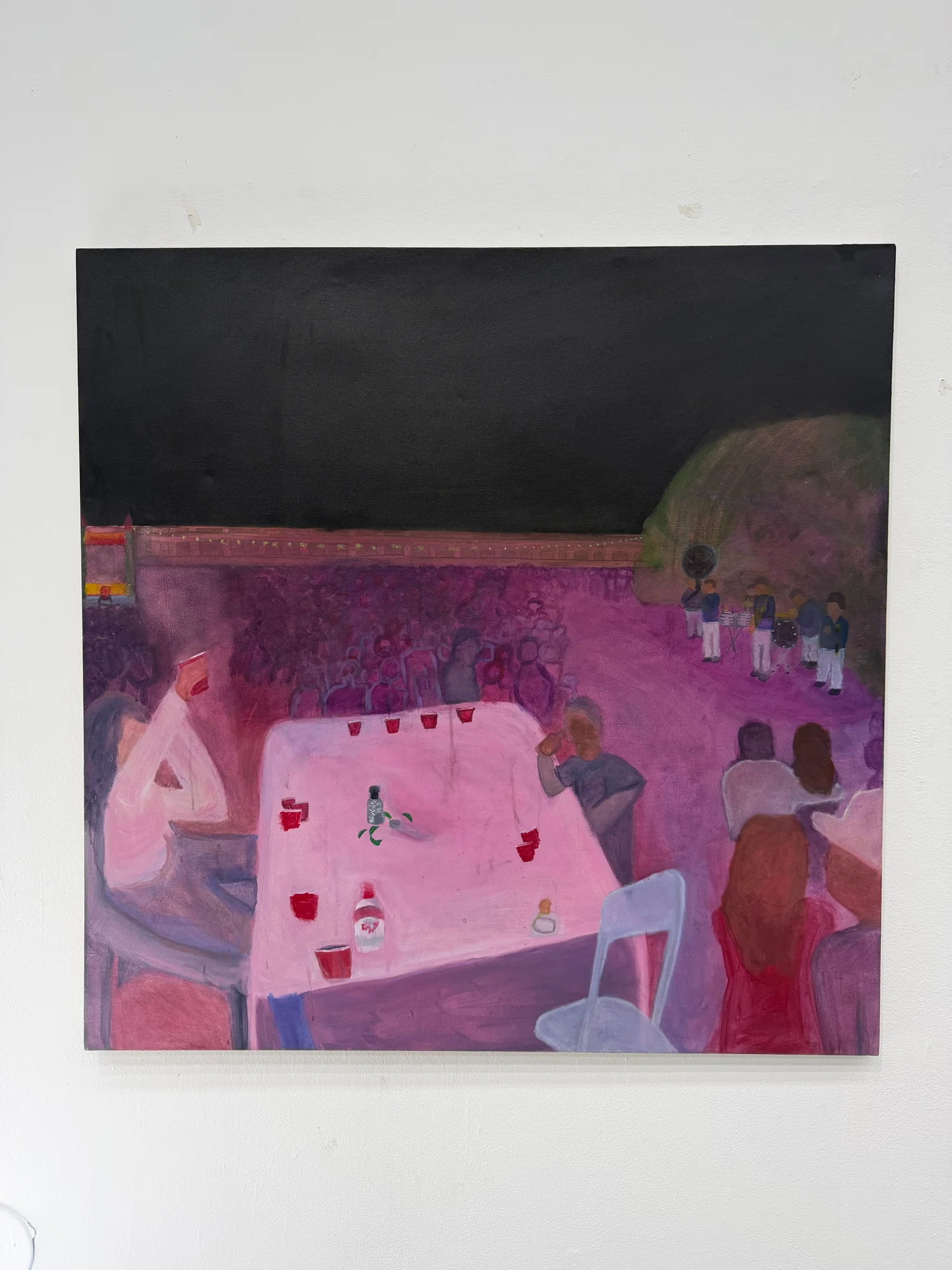 A party scene painting with purple and blue tones.