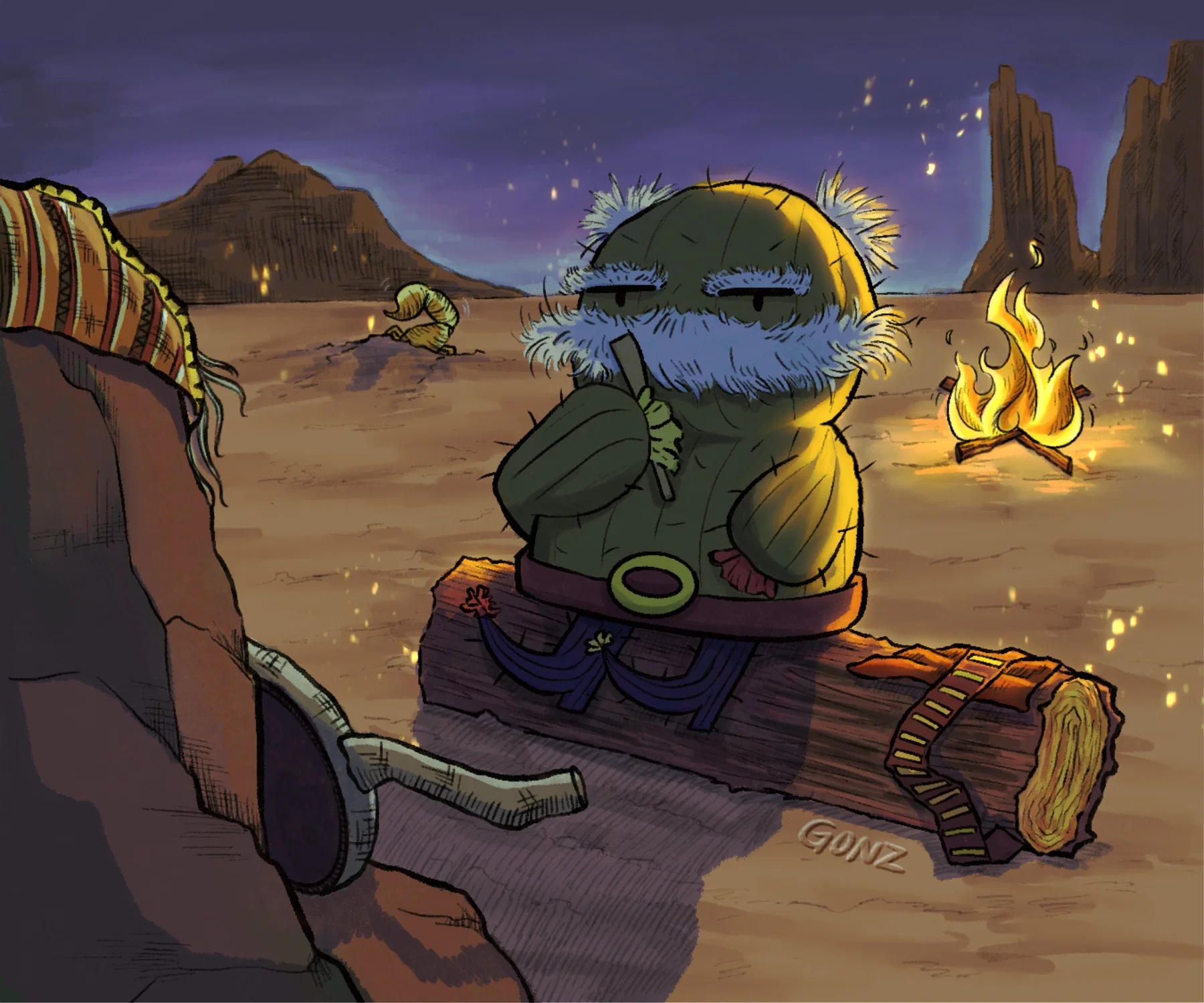 Old man cactus character sitting on a log in the middle of the desert shaving with a fire going behind him