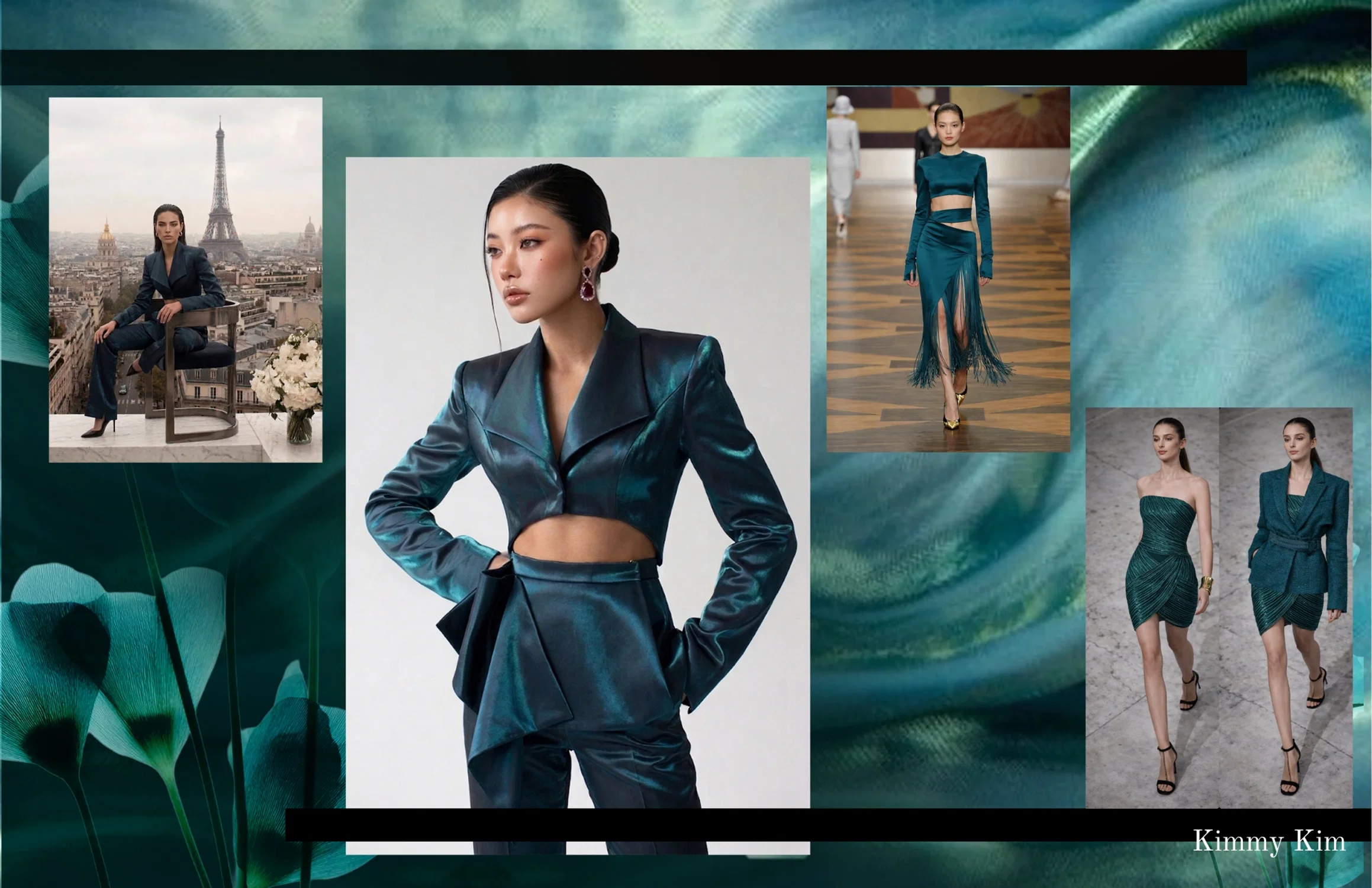 An AI-generated fashion mood board featuring a central image of a model in a black embellished tulle dress holding ballet shoes, set on a city street, surrounded by additional street-style and tailored outfit references.