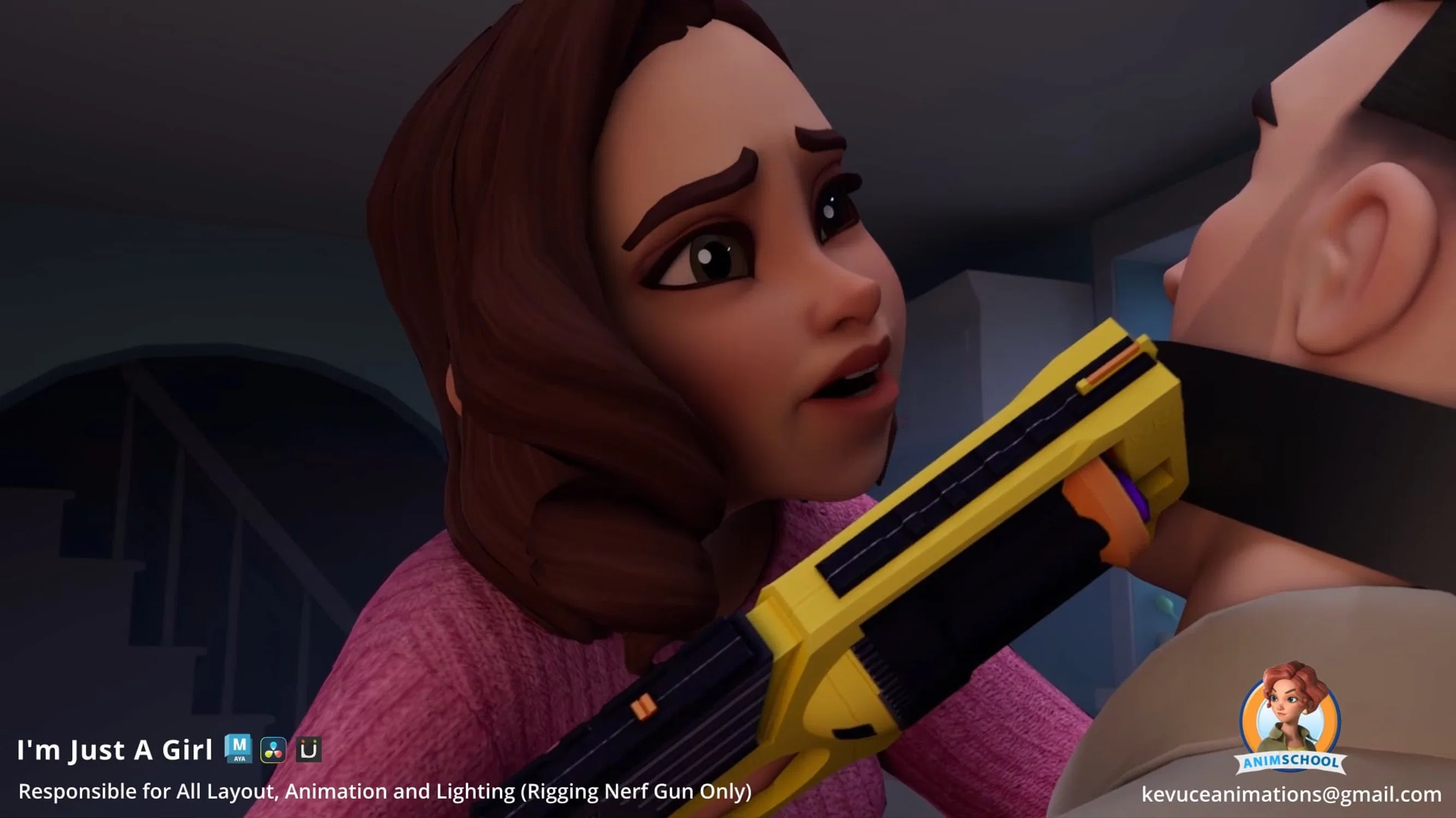 An animated render of a female character holding a nerf gun to a man who is tied to a chair