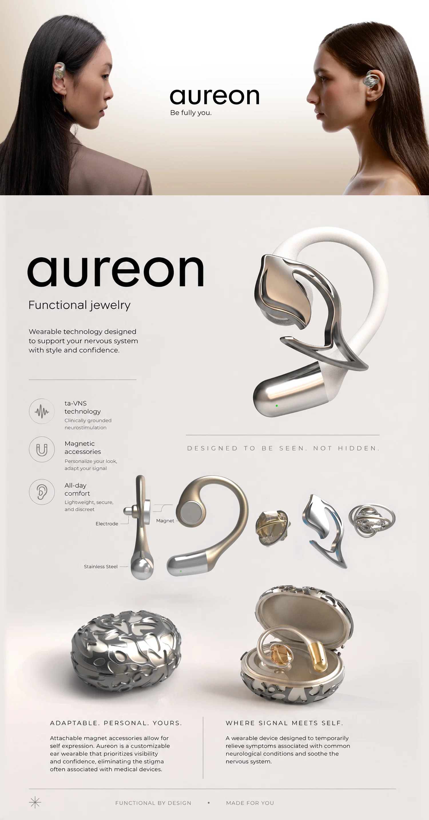 A jewelry-inspired wearable that delivers subtle ta-VNS stimulation to help regulate stress and enhance focus.