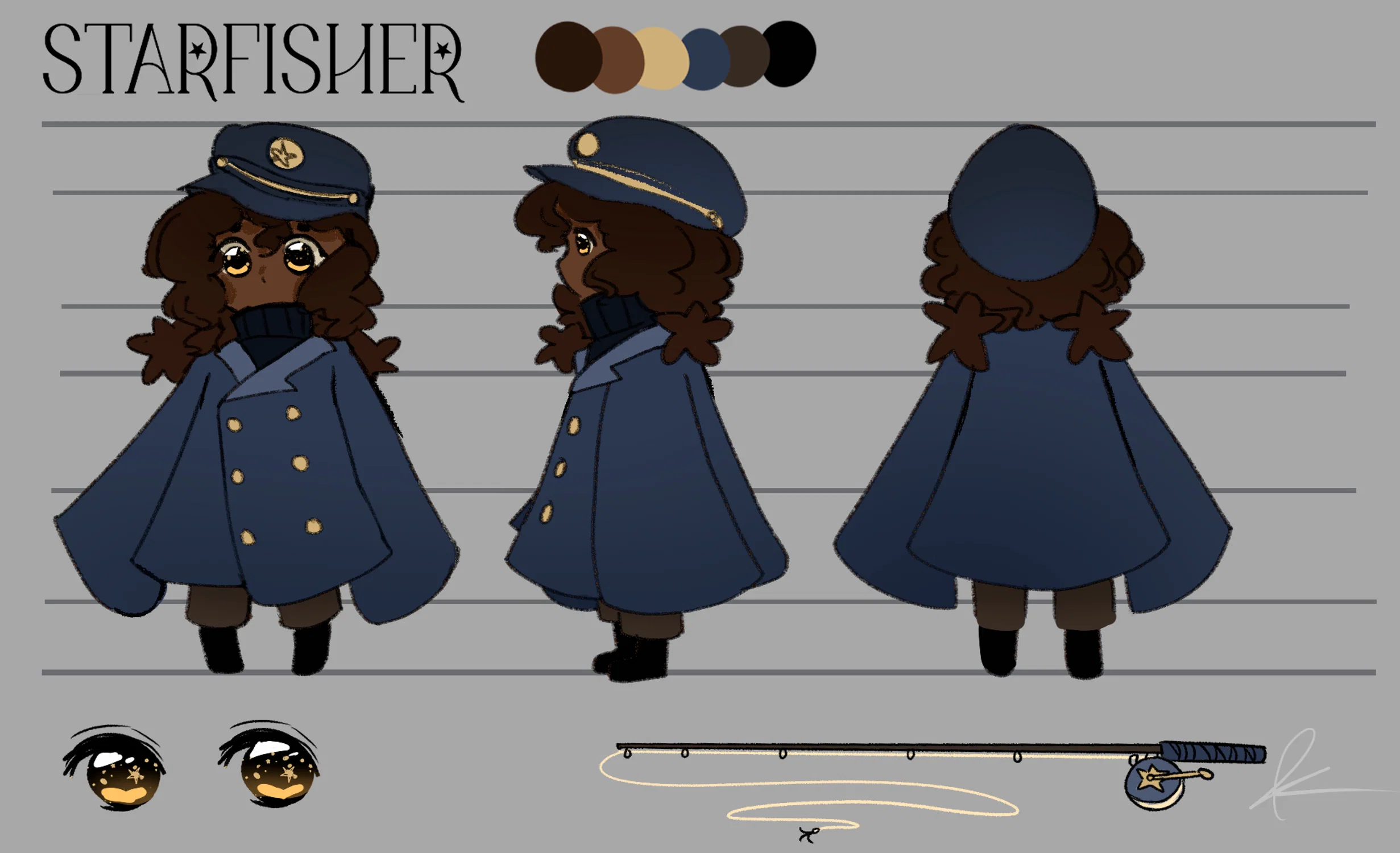 A character sheet of a young girl wearing a sailor's coat and hat. She has brown pants and black boots.