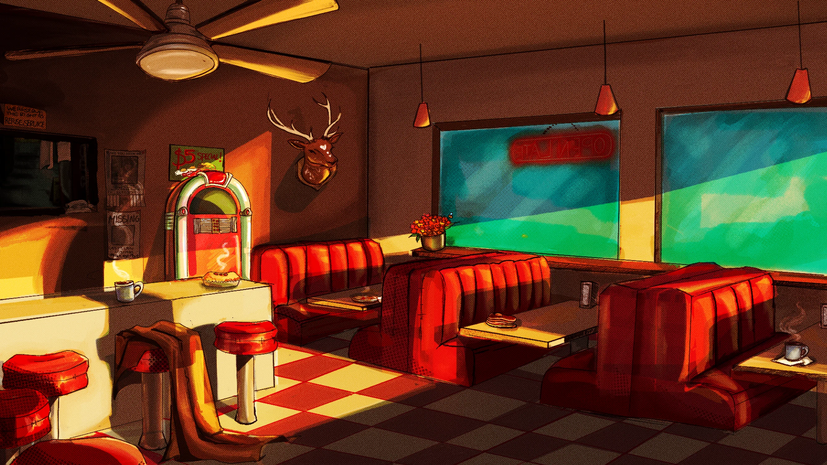 The interior of a warmly lit diner, with tables and bright red vinyl booths bathed in morning sunlight coming through the windows.  A jukebox glitters in the corner and a mounted deer head watches over the breakfast scene from the wall, on which missing posters and signage are plastered.