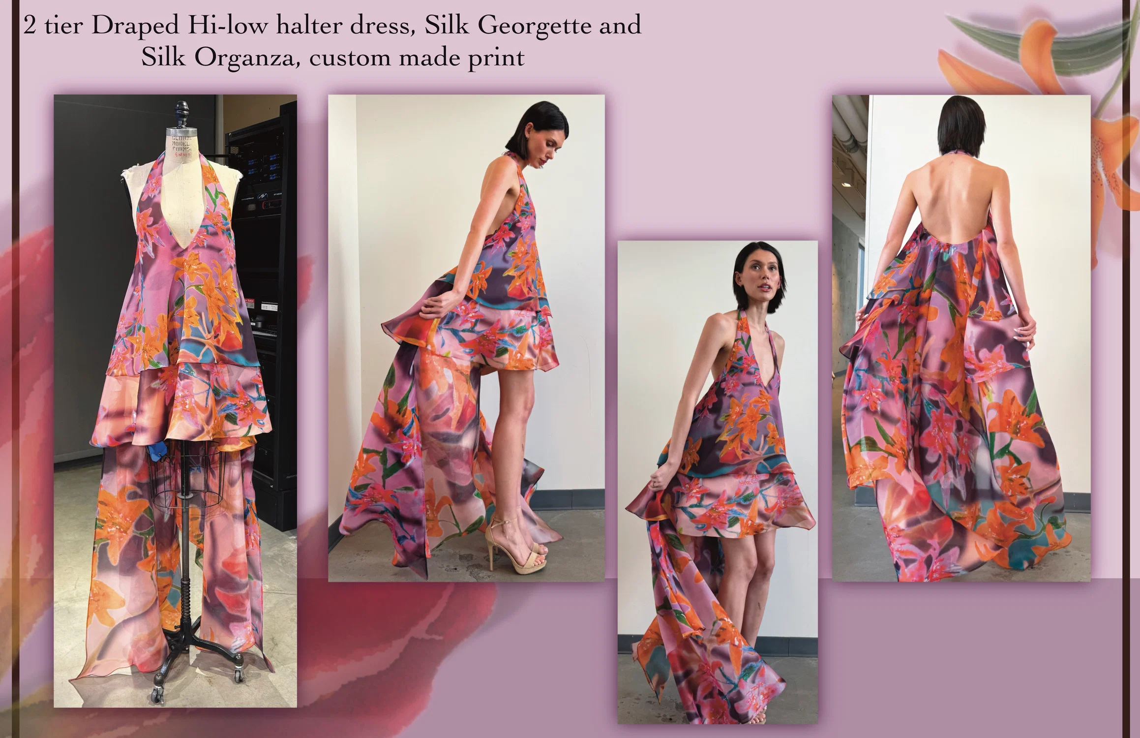 Mentor Project Garment 1:  Custom designed floral placement print on Silk Organza and Silk Georgette using Orange Day Lilies and Flame Lilies.