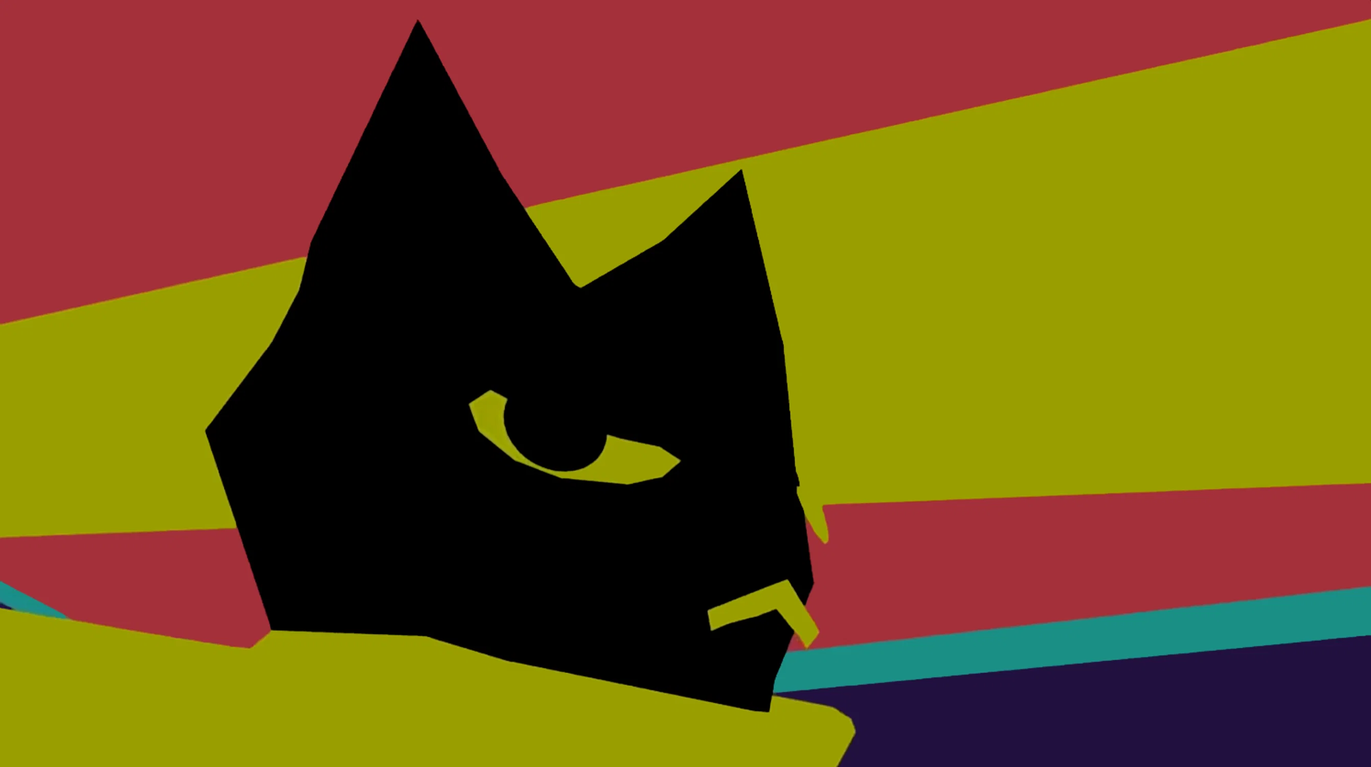 A black cat in front of red, yellow, cyan, and dark purple stripes.
