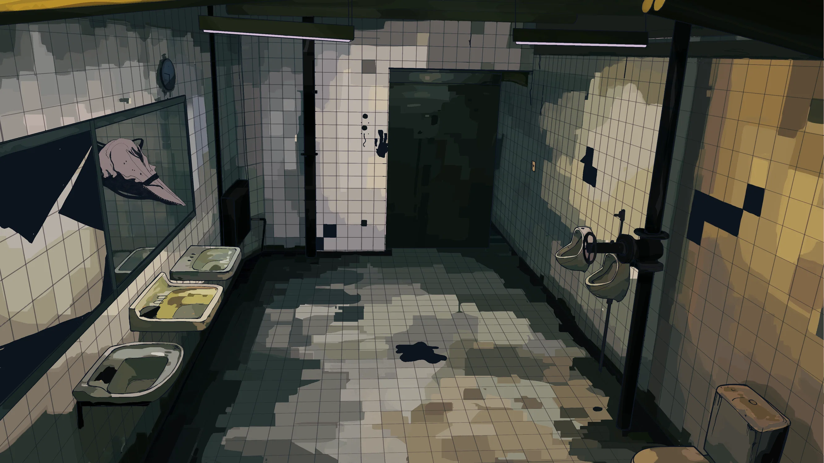 A scene depicting a decrepit men's restroom with a bizarre creature inside of the mirror's glass.