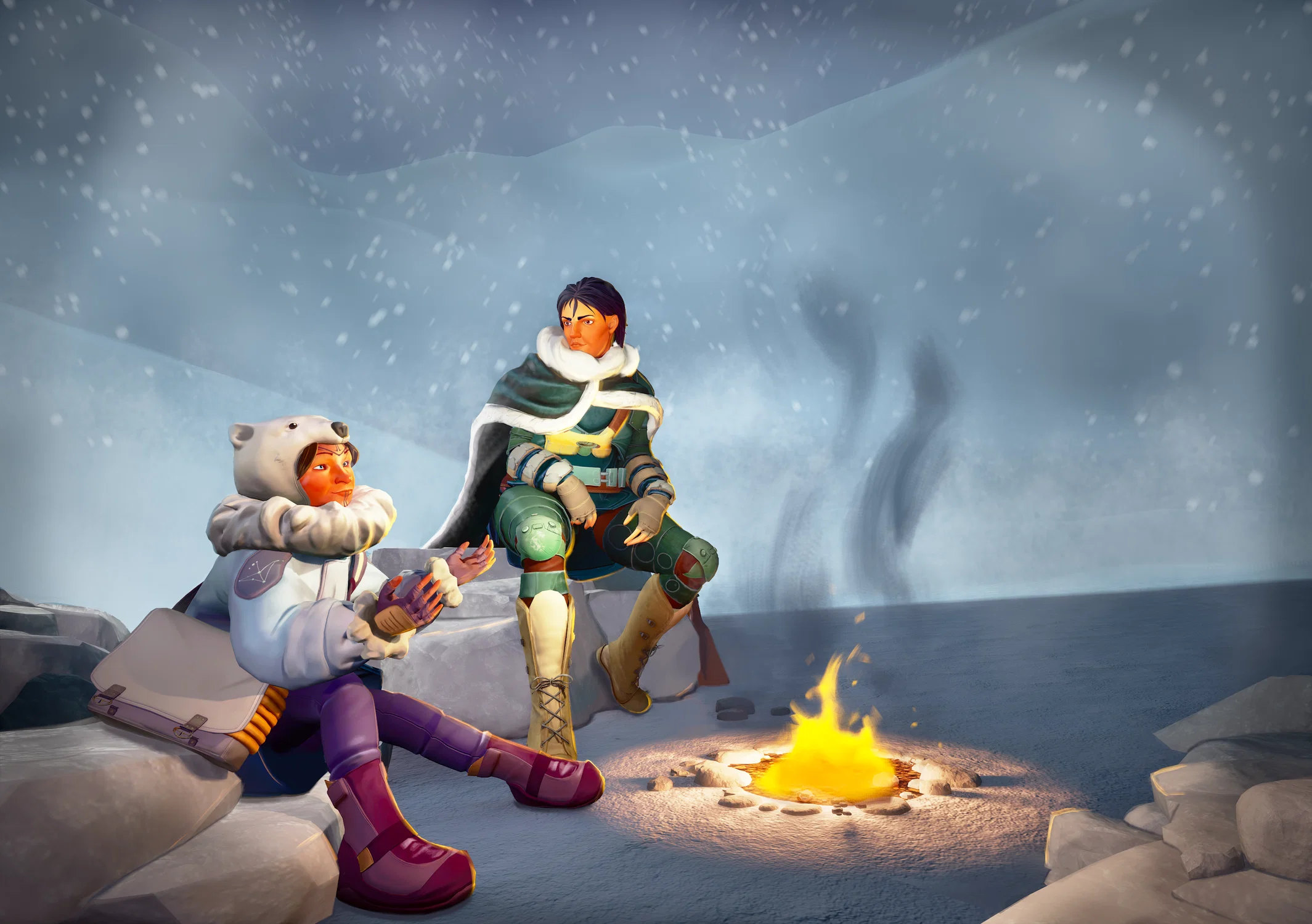 A snowy scene of two people sitting by a fire, enjoying each others company. One is a child wearing a polar bear hat, and the other is an older woman with gear and armor on. Behind them is snow, blizzards blowing, and snowy mountains of the arctic environment.