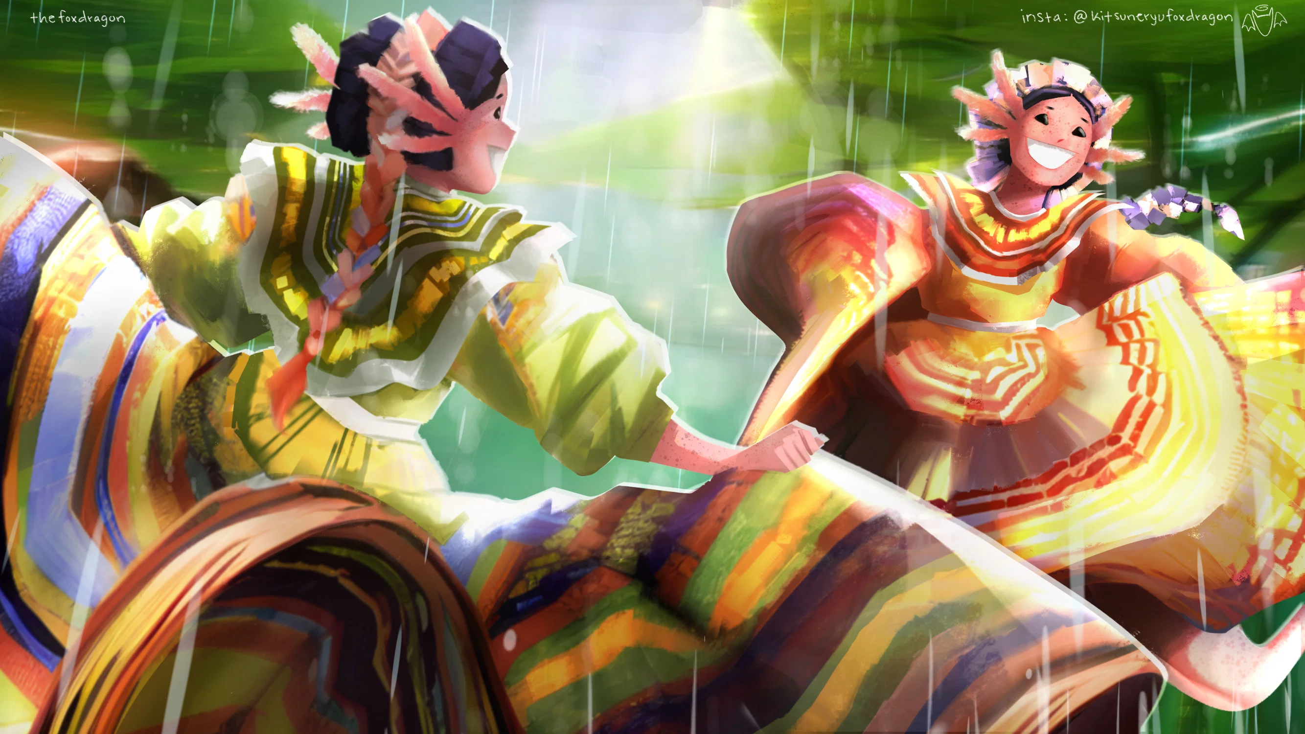 Two amphibious axoltol girls are dancing together in the rain, wearing traditional mexican Jalisco ribbon dresses.