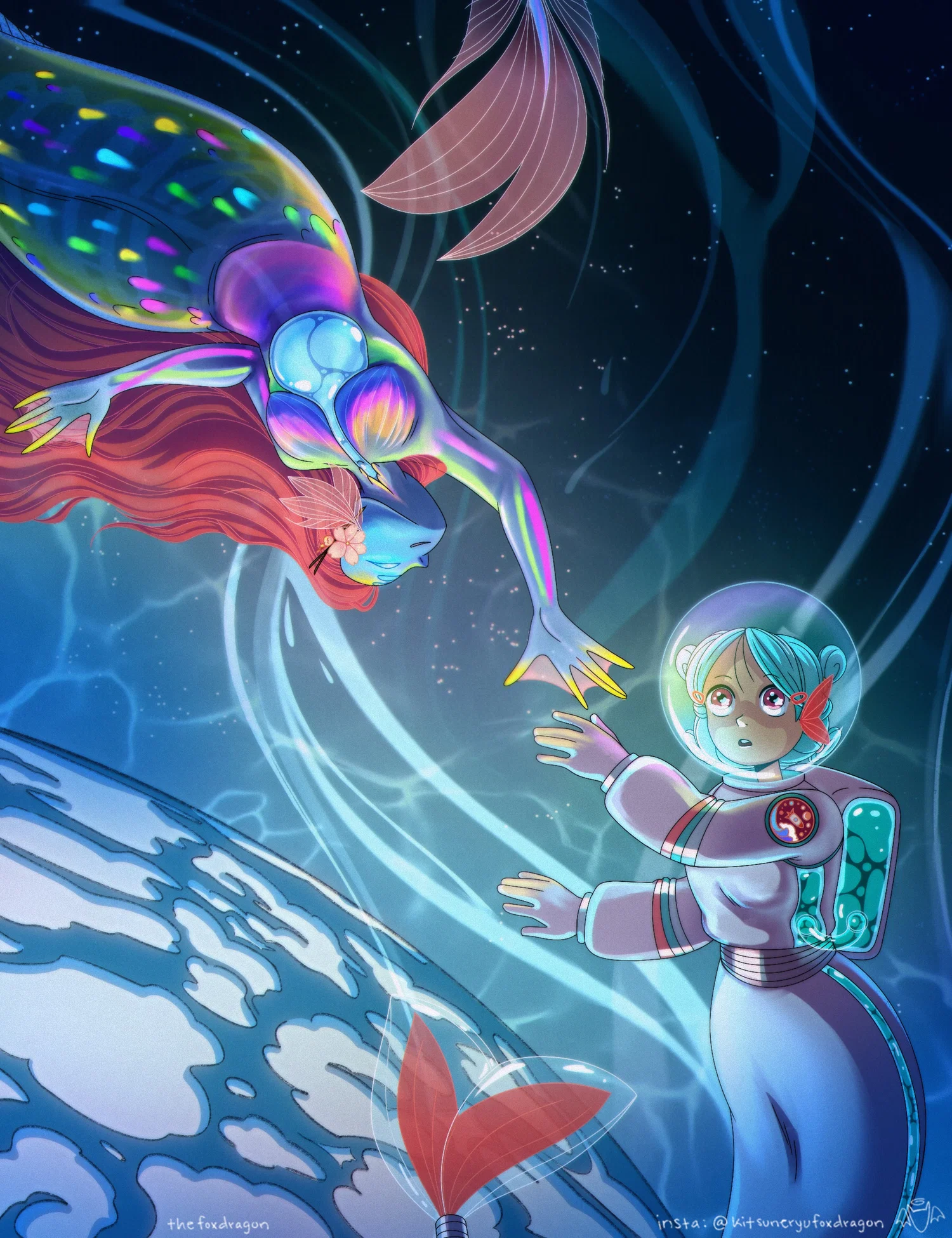 An alien based mermaid is floating with an astronaut.