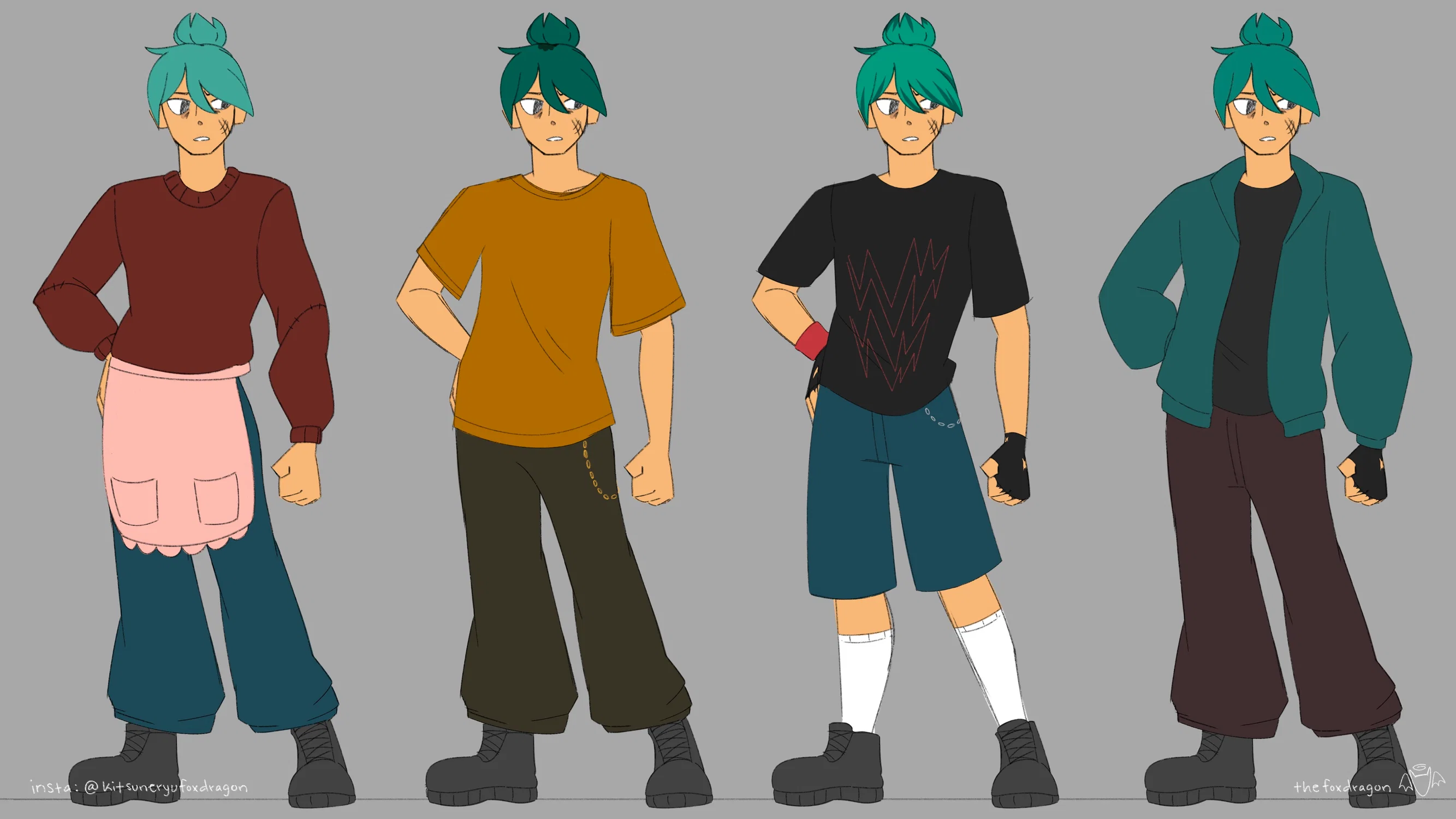 Four concept designs for a character named, Gardner. He is tan with deep teal hair and a more grunge aesthetic.