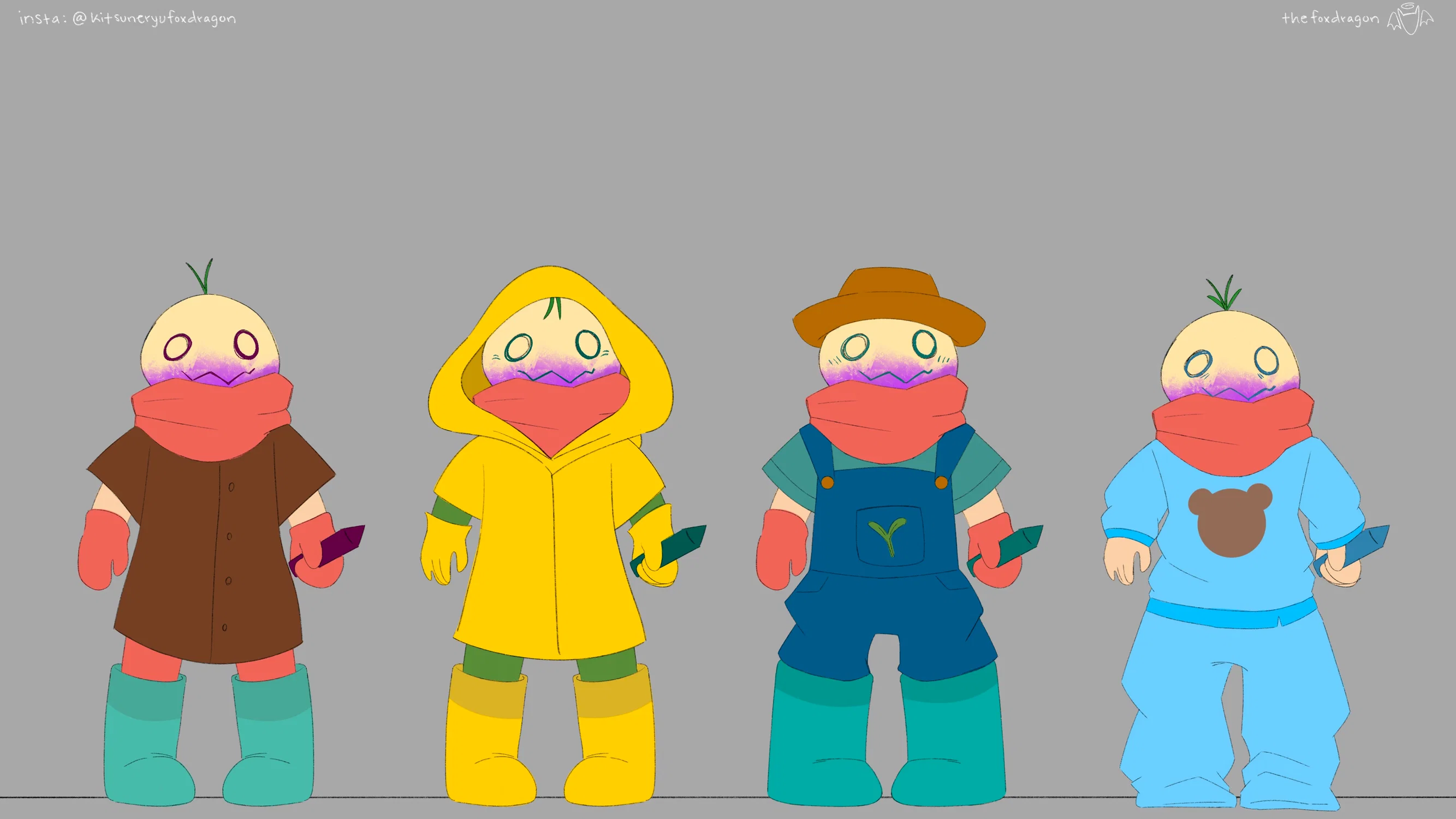 Four concept designs for a character named, Turnip. He is a young 8 year old boy with the head of a Turnip.