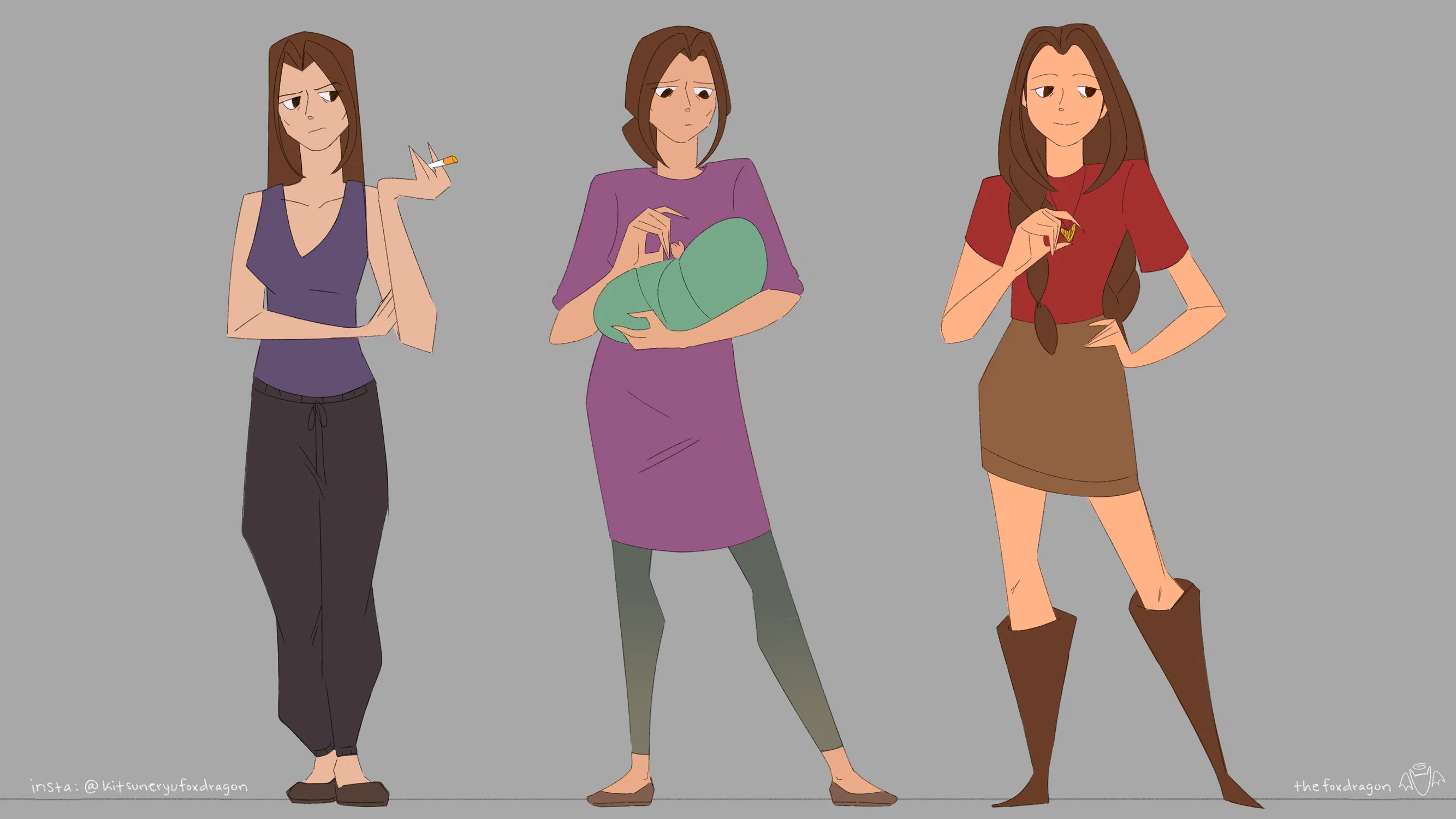 Three concept designs for a character the Momster character, who is the mother of Turnip. These designs focus on her different phases of life.