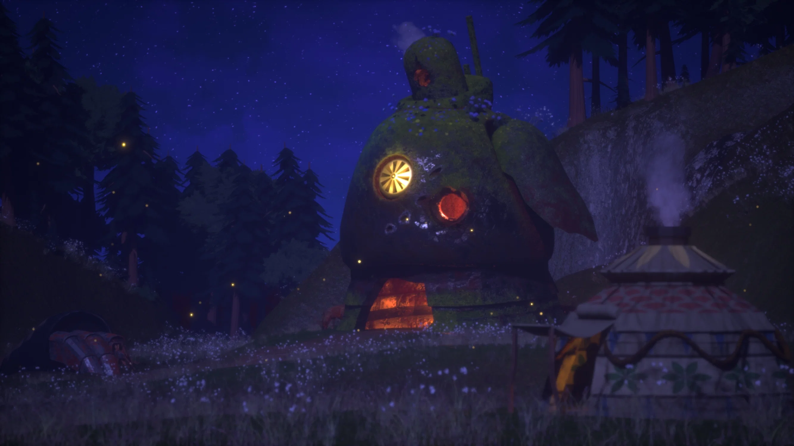 The chest and head of a large mech with a glowing campfire and a nearby yurt