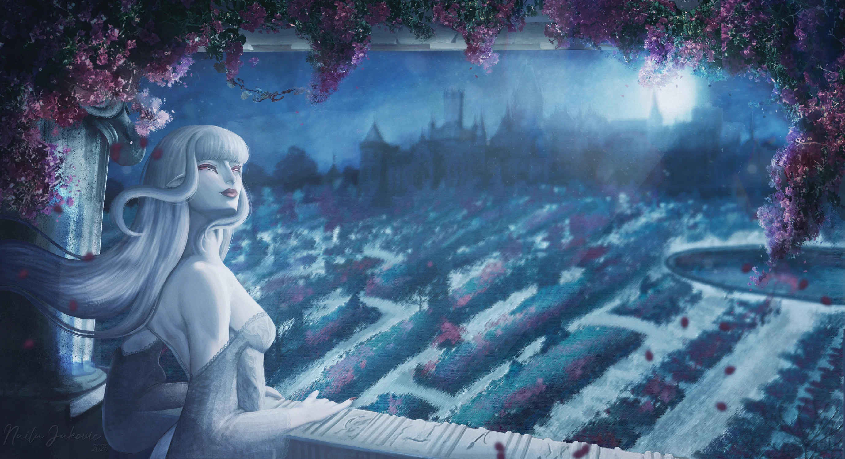 A pale, long haired vampire woman with red eyes looking over her shoulder at the viewer on a balcony overlooking her royal palace garden grounds in the moonlight.