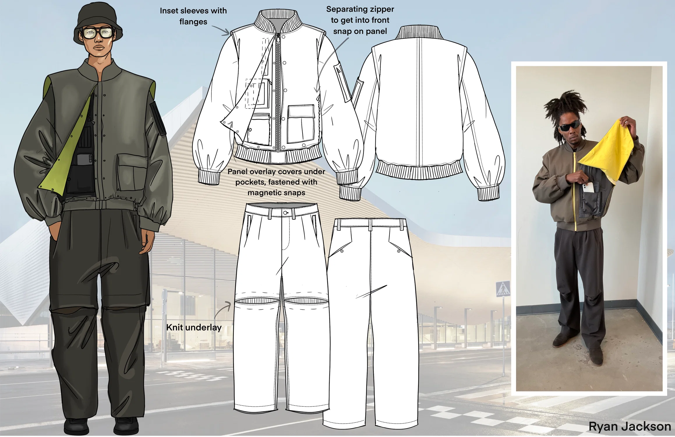 Tailored bomber jacket with paneled overlays.