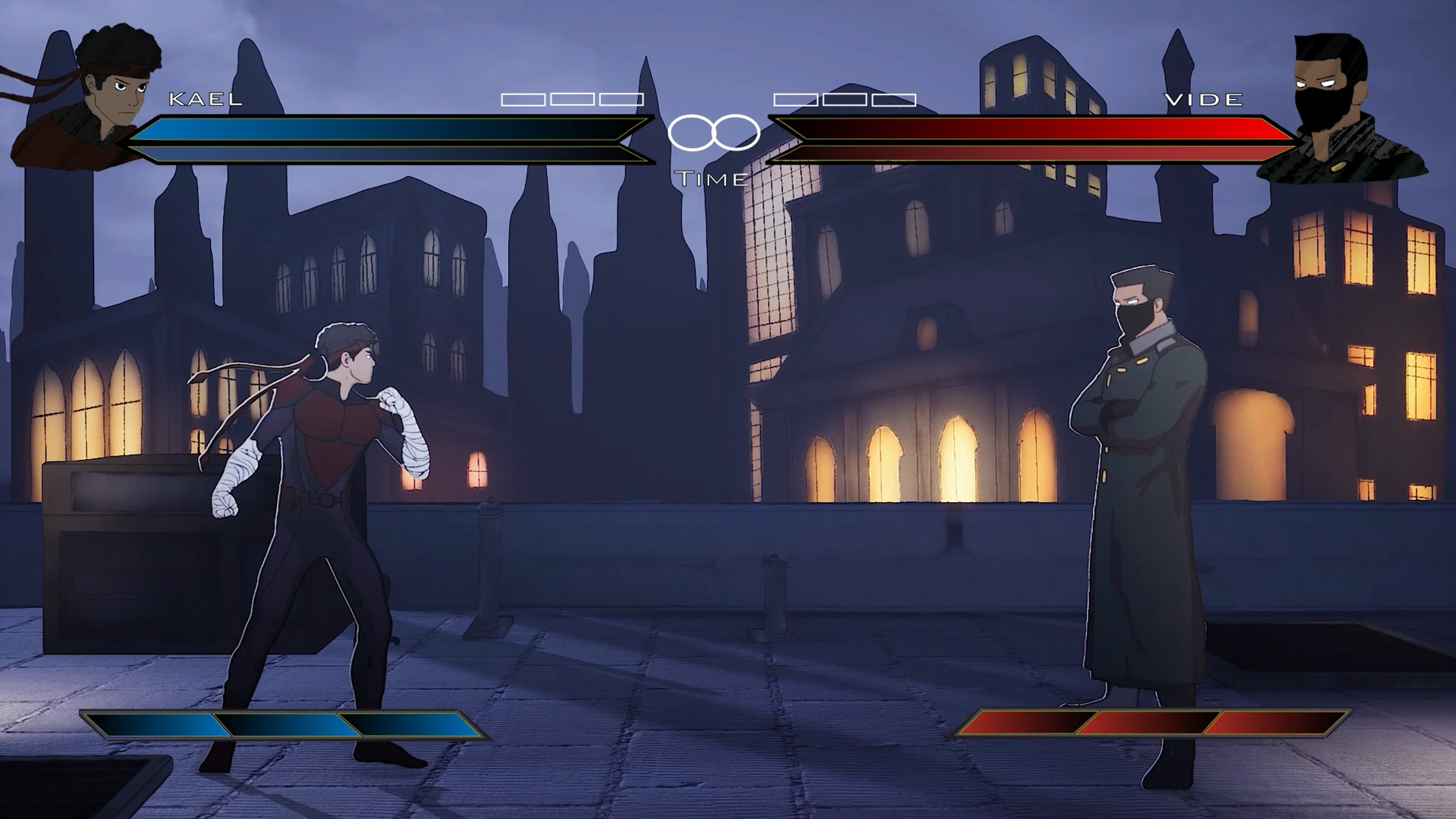 A fighting game scene on a rooftop at night. Kael, a young fighter with wrapped arms, faces Vide, a taller masked opponent in a long coat. Health bars and meters frame the screen against a dimly lit city backdrop.