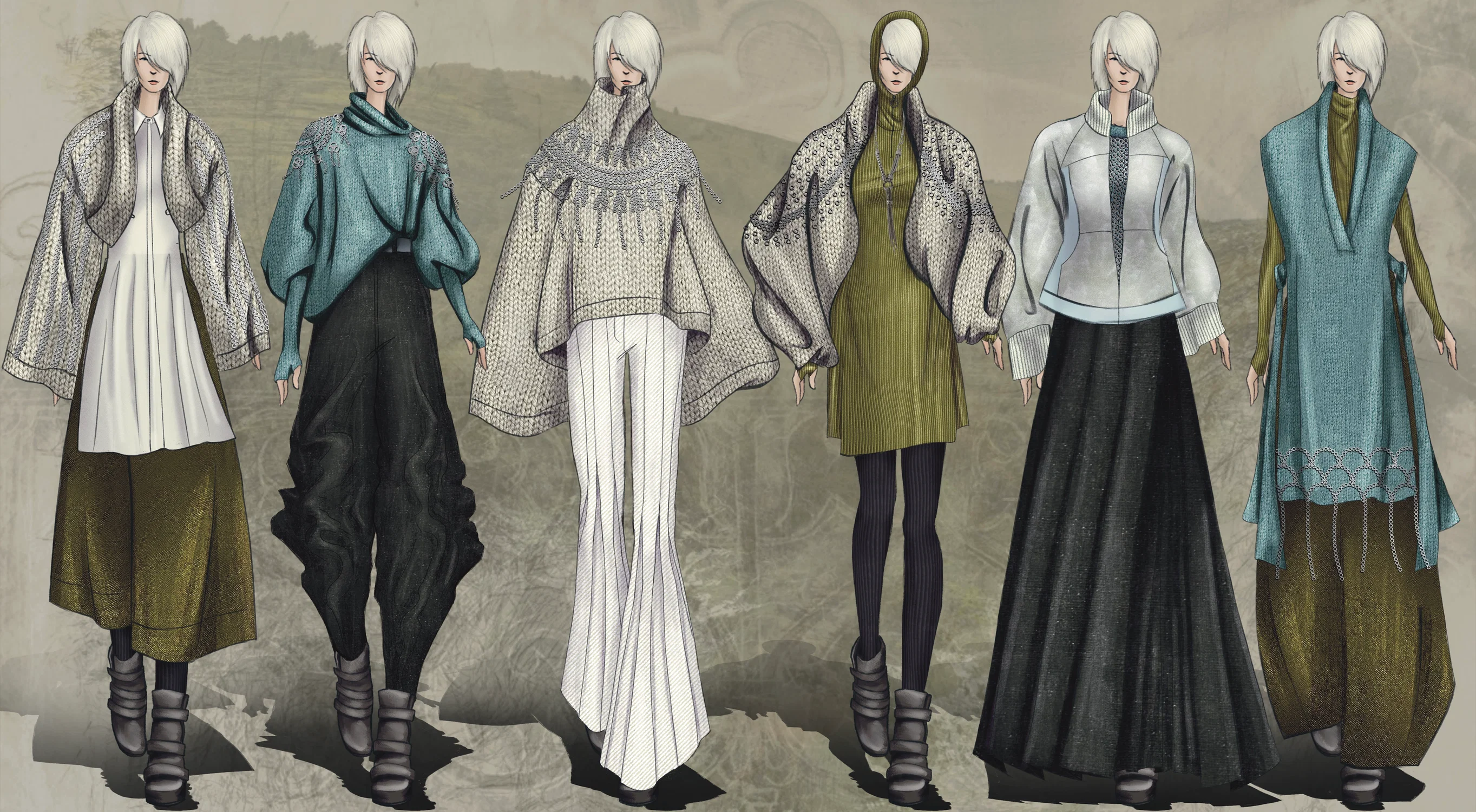 “Turn to Analog” is a conceptual collection inspired by Skye’s adventures in a Belgian countryside during her internship in Antwerp. The concept is based around the importance of hand crafts. Each look features an hand knit sweater interlinked with chainmail detailing.