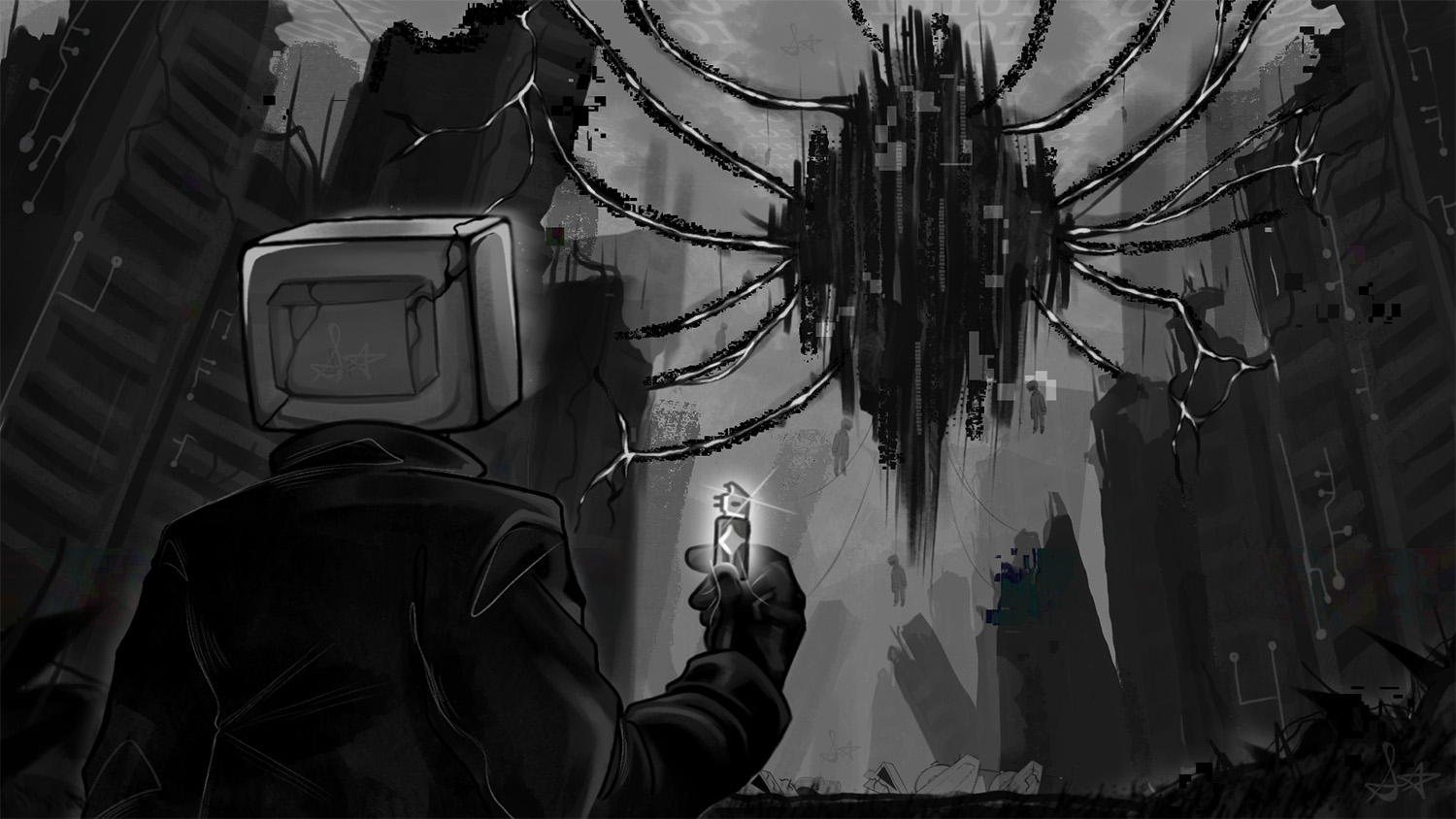 An Illustration of a story concept I had called DeepSpace. It takes place in a cyber world within a computer that gets taken over by a deadly virus that essentially turns the once flourishing world into the Dark Web. One resident named Shard manages to break free of the virus control and vows to defeat it. Only he holds the key.
