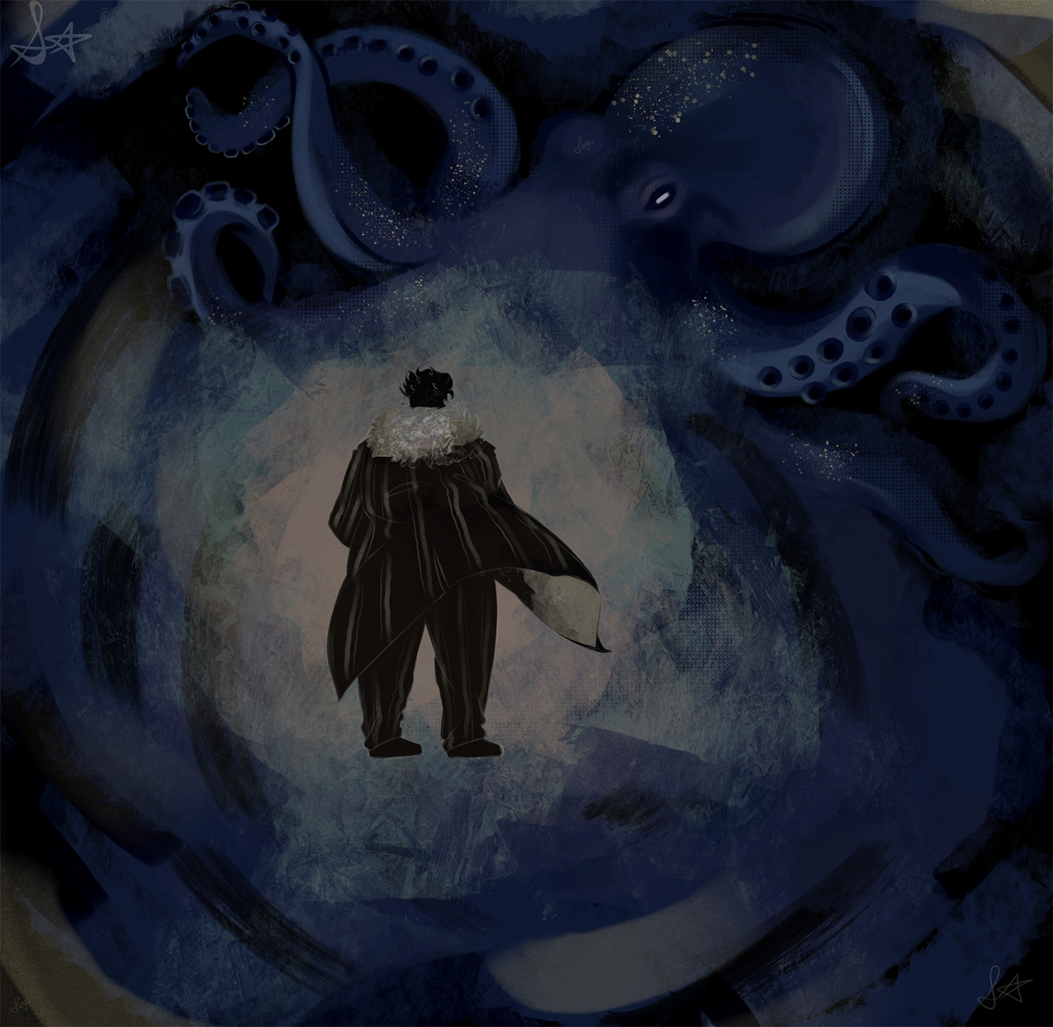 An Illustrative interpretation of the book "On The Banks Of The River Lex" by N. K. Jemisin, featuring my take on the character Death and the Octopus he encounters.
