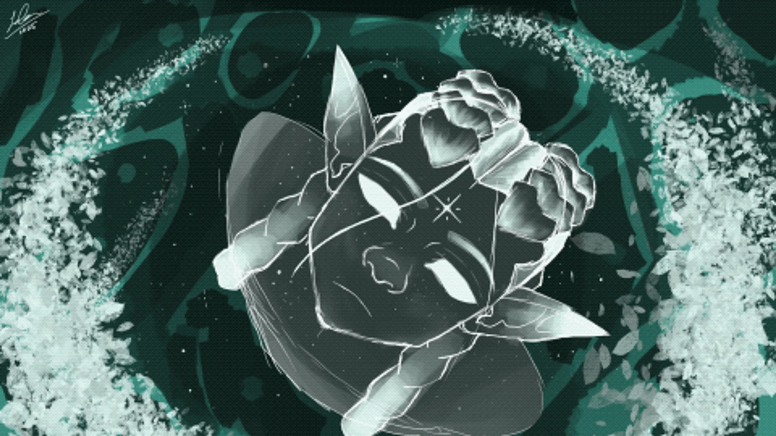 This is a moving image Gif displaying a character walking across a sea of turquoise water , the mysterious character looks toward the sky when through some magic his face morfs into a star.