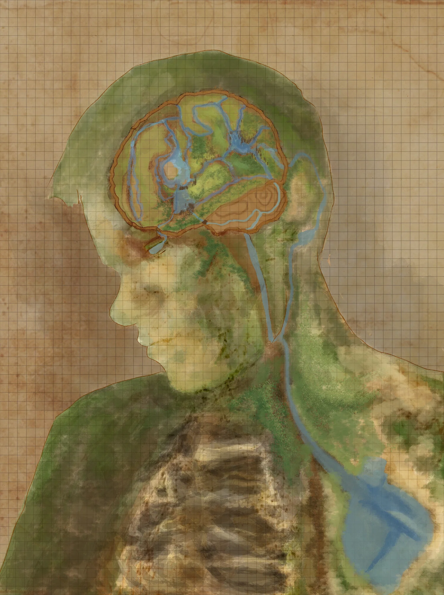An internal landscape depicted as a cartographic portrait. The brain and heart are visible through features of landscape.