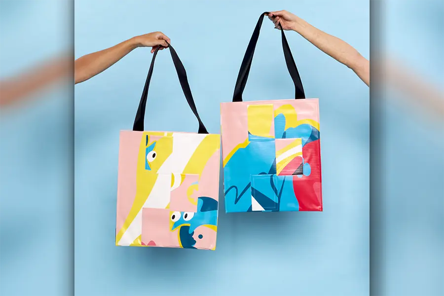 Upcycled Tote Bags on blue background