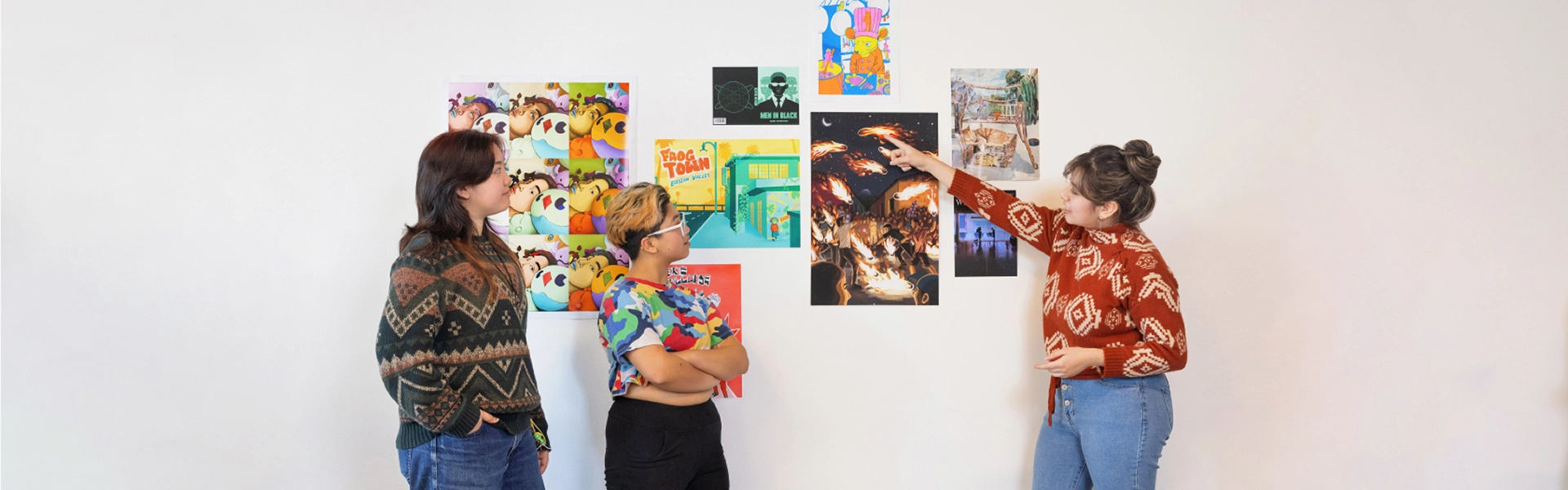 Students discussing artwork
