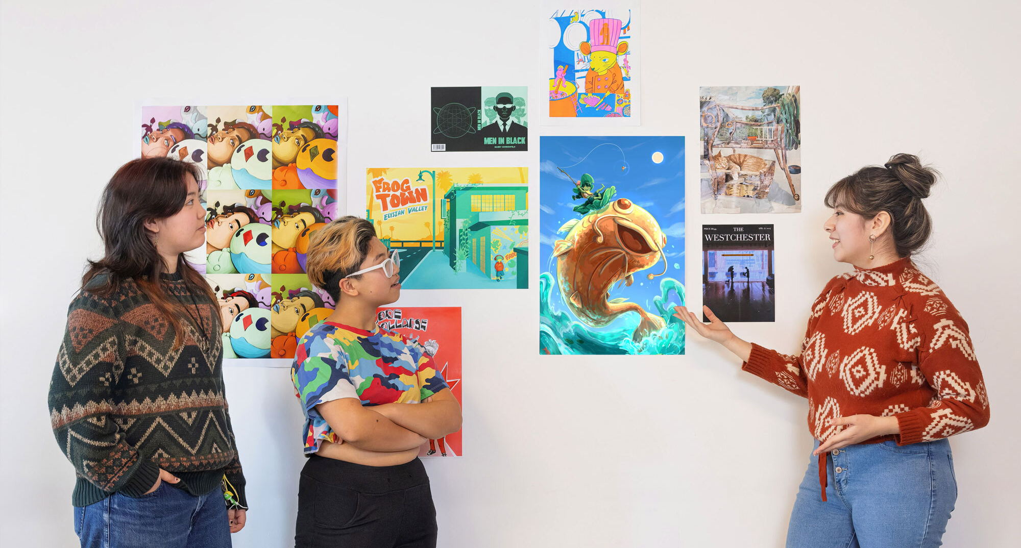 Students discussing artwork