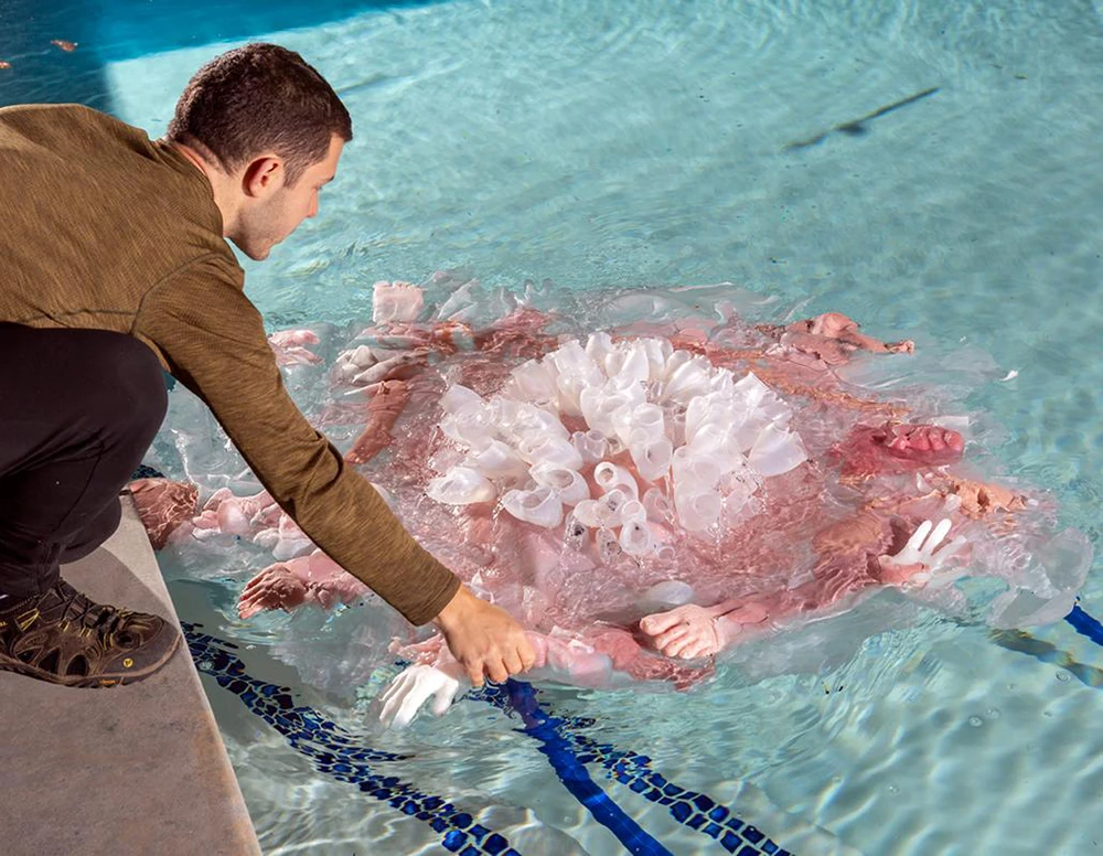 Photograph of Paul and sculpture of a sea creature from various materials