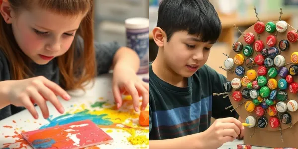 Split image.  On the left, a child's hand painting without a paintbrush.  On the right, a child creating art from bottle caps and cardboard.