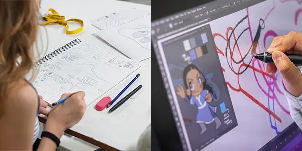 Left: student drawing a graphic story, Right: student creating a character