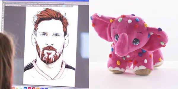 Left: Student working on digital portrait, Left: pink elephant stuffed toy