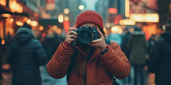 City street at dusk with female photographer in rust color jacket and cap