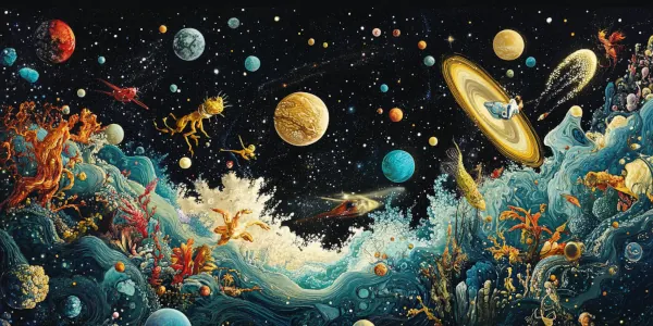 An fanciful world with planets and ocean and other life.