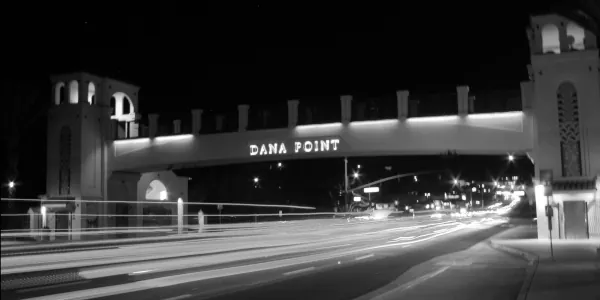 Nighttime photo of the entry overpass to Data Point, CA