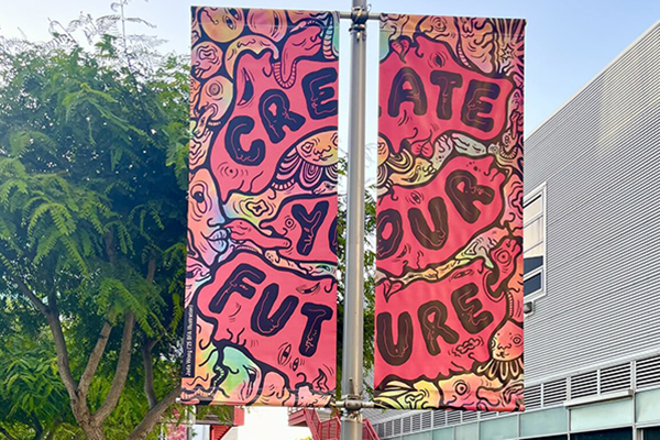 Image of Campus Banners in the commons at Otis College of Art and Design