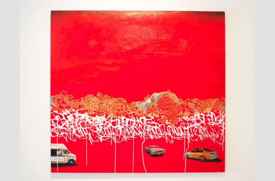 Abstract painting of cars over red background